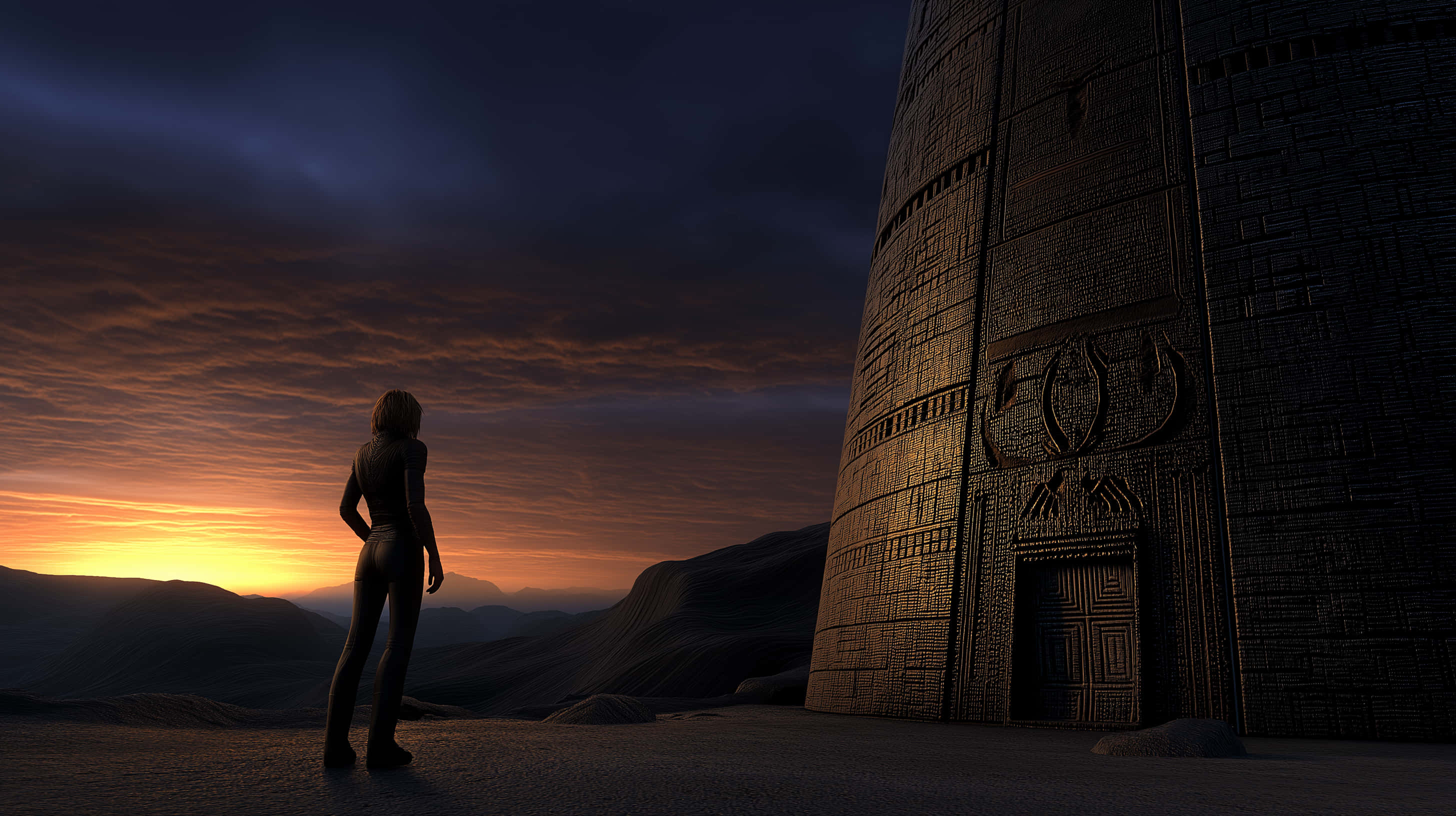 Figure, sunset, alien monument, 2K Desktop Wallpaper