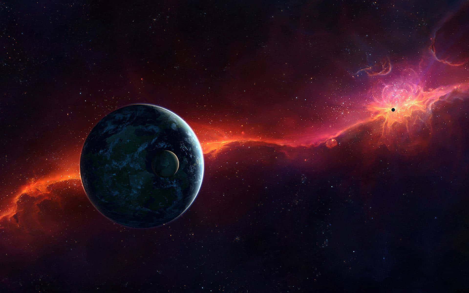blue-green planet, moon, glowing red and orange nebula, Full HD Desktop Wallpaper
