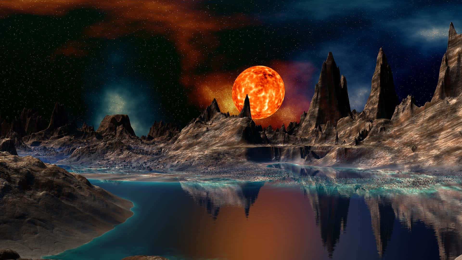 fiery orange sun, jagged alien mountains, calm teal lake, Full HD Desktop Wallpaper