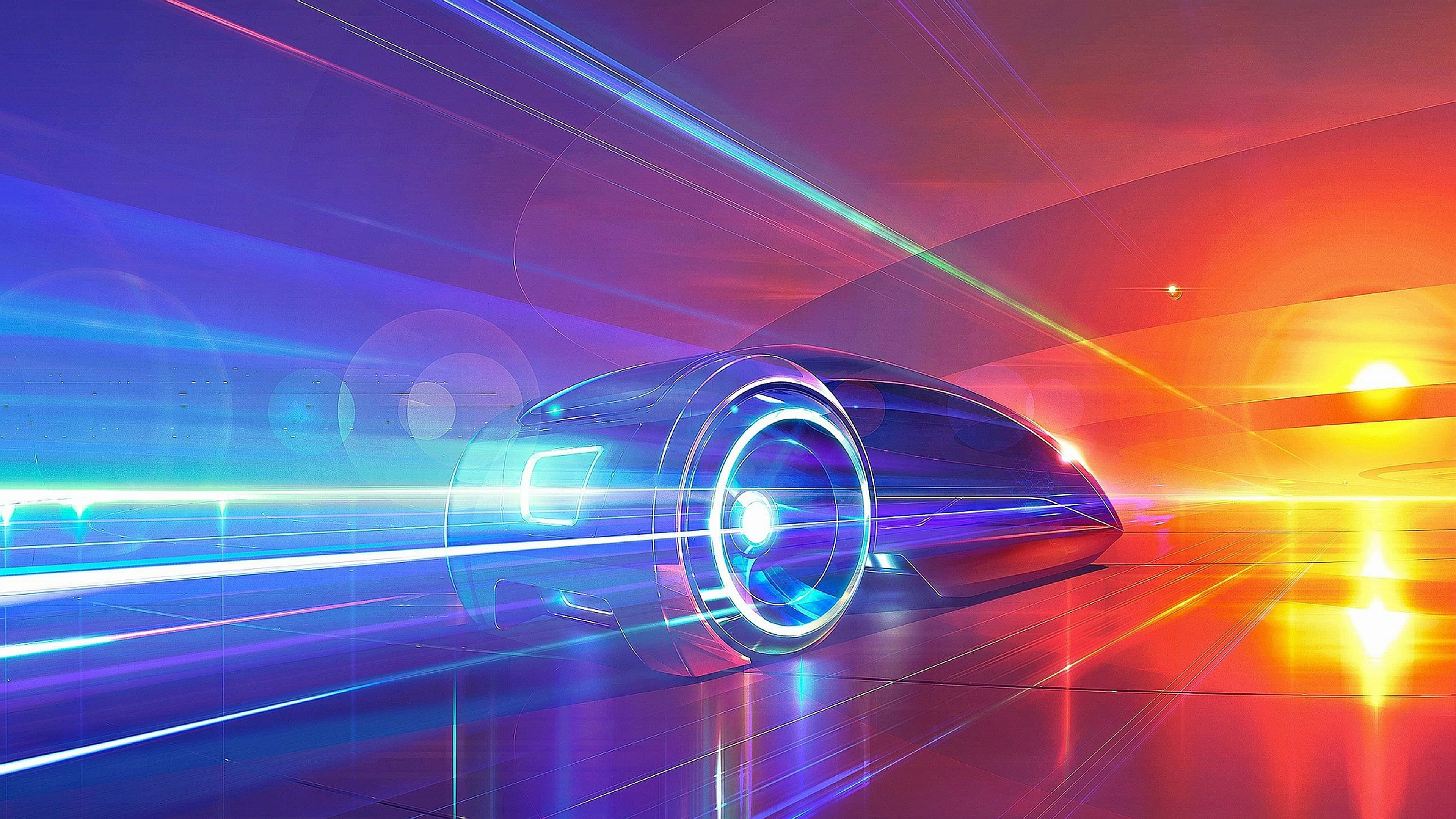 futuristic car, neon-lit tunnel, blue and orange light, 4K Desktop Wallpaper