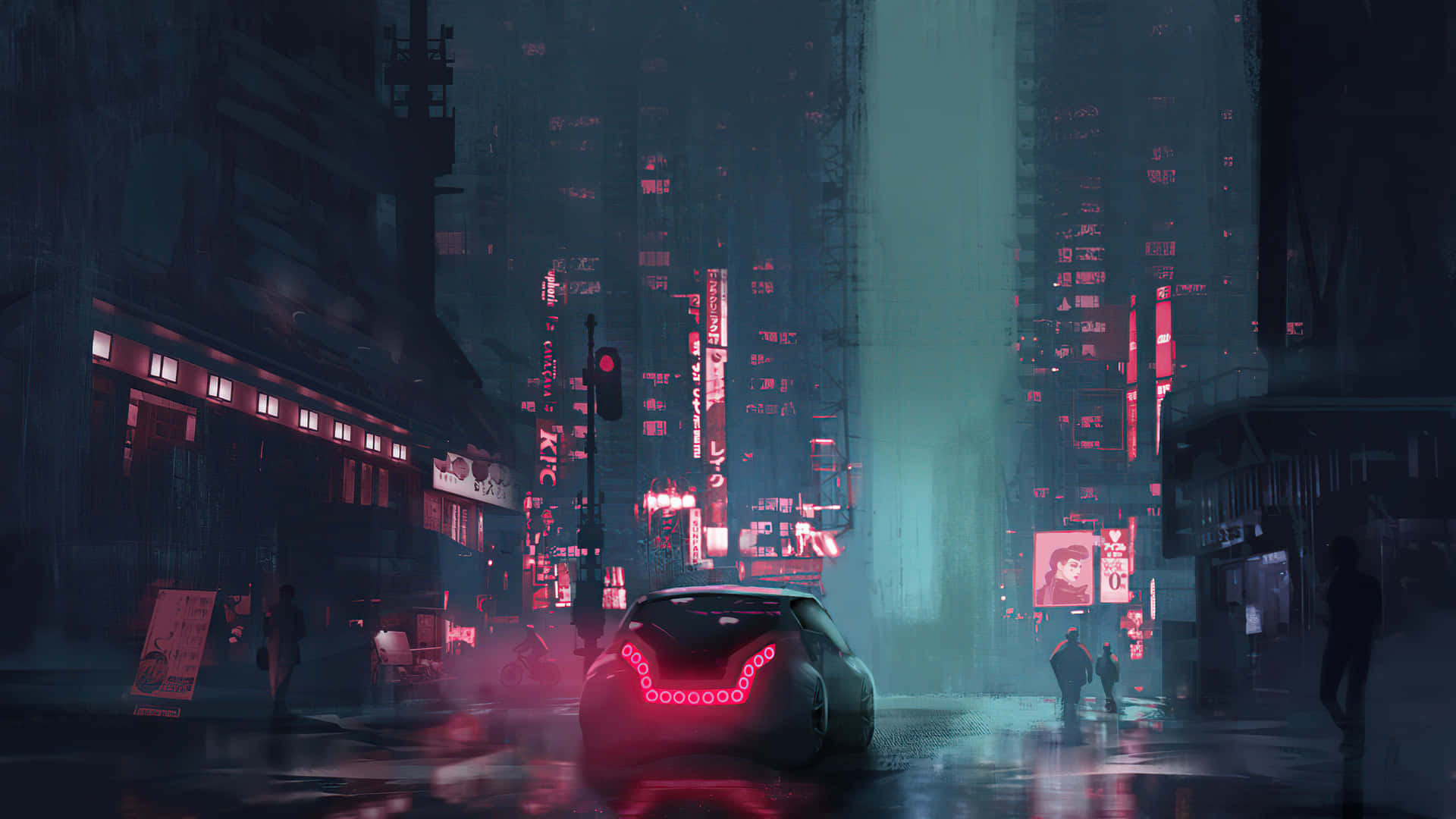 futuristic cyberpunk car, glowing red taillights, rain-slicked, Full HD Desktop Wallpaper