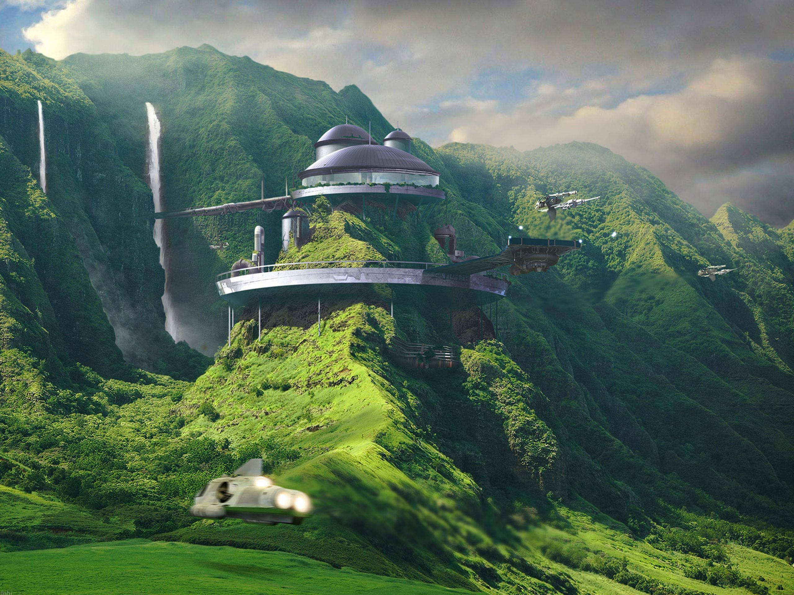 futuristic dome-shaped space station, lush green mountain, waterfalls, 2K Desktop Wallpaper