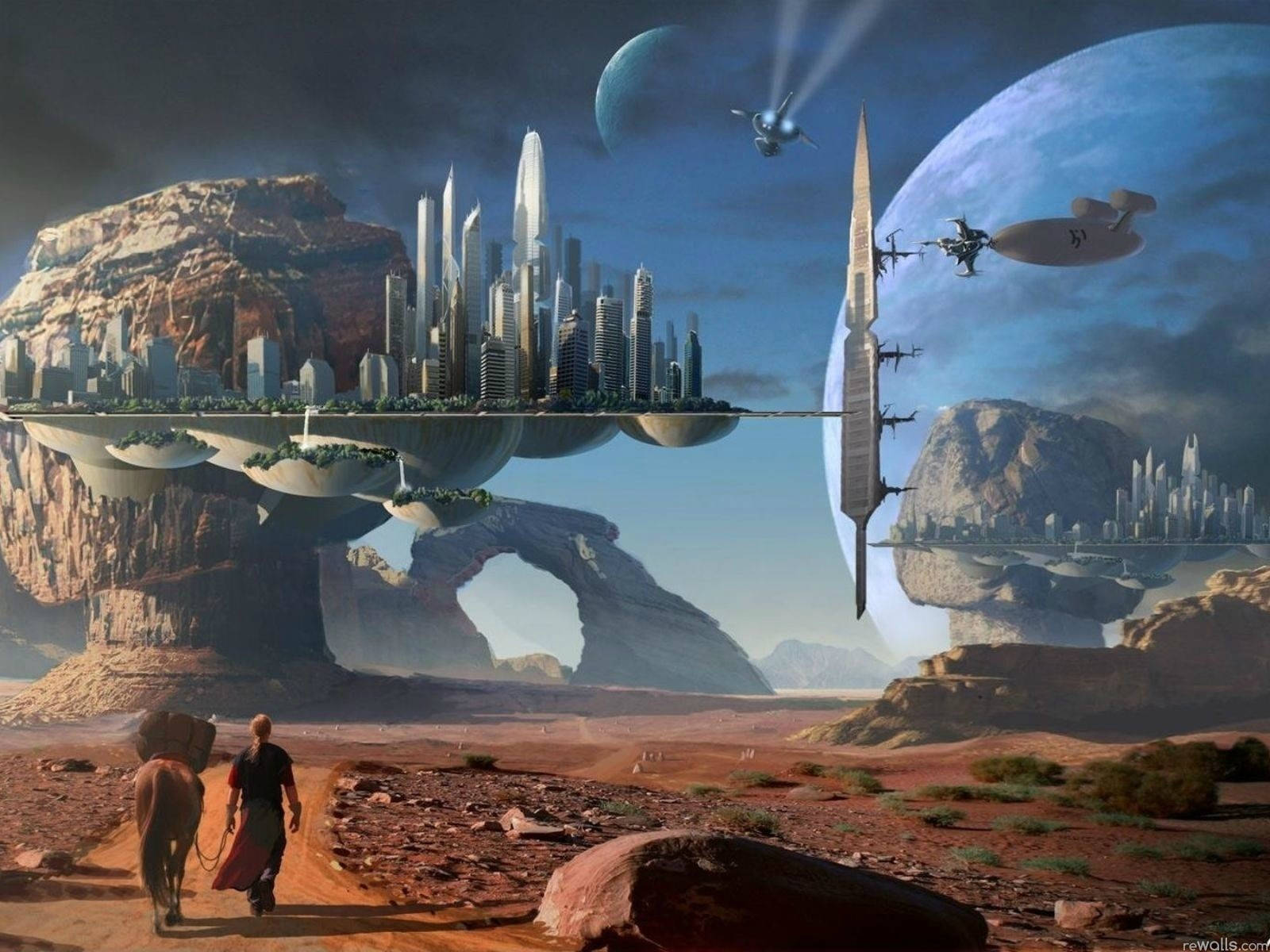floating futuristic cities, alien desert landscapes, twilight sky, HD Desktop Wallpaper