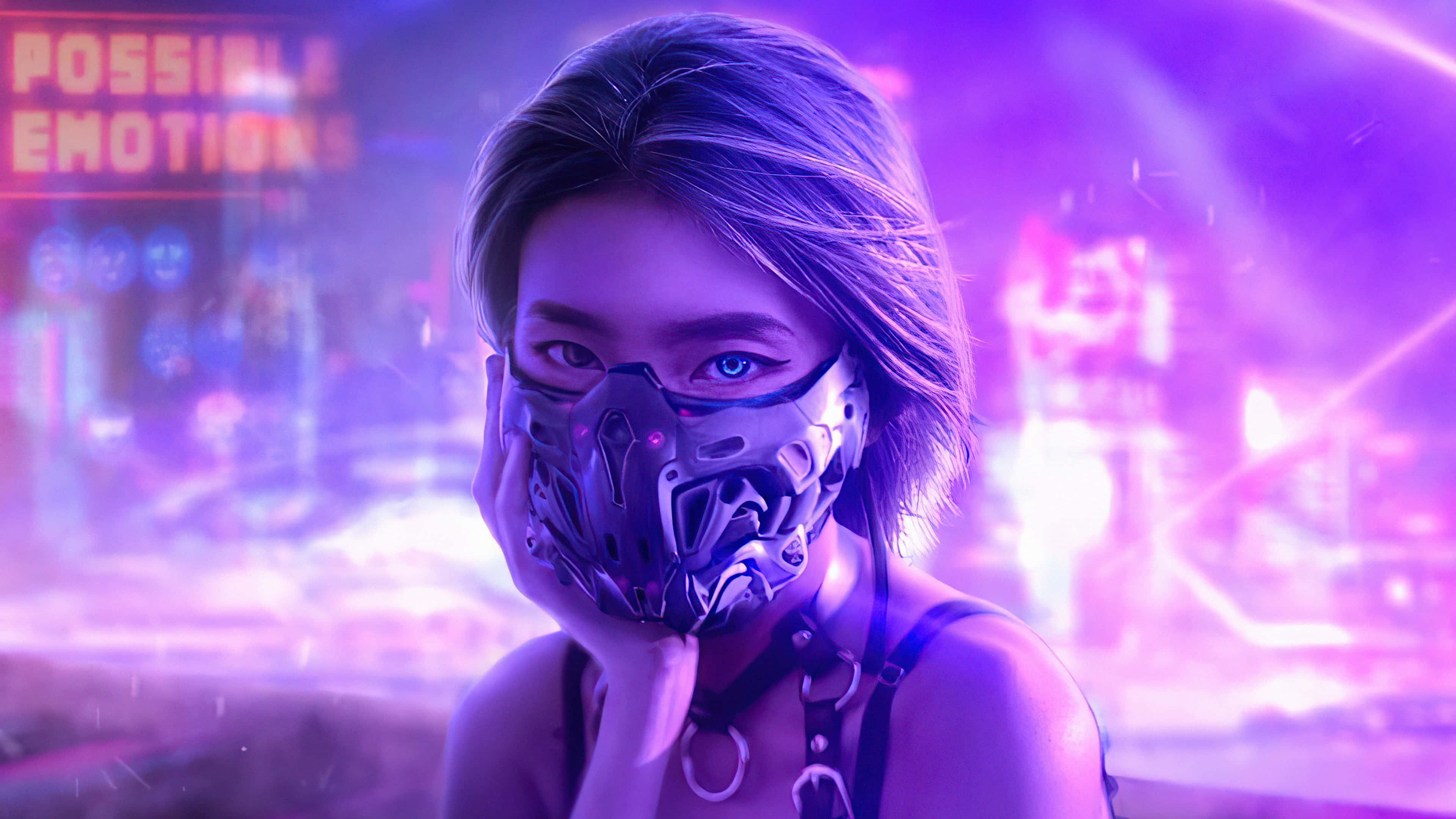 cyberpunk woman, glowing blue eyes, metallic mask, 4K Desktop Wallpaper