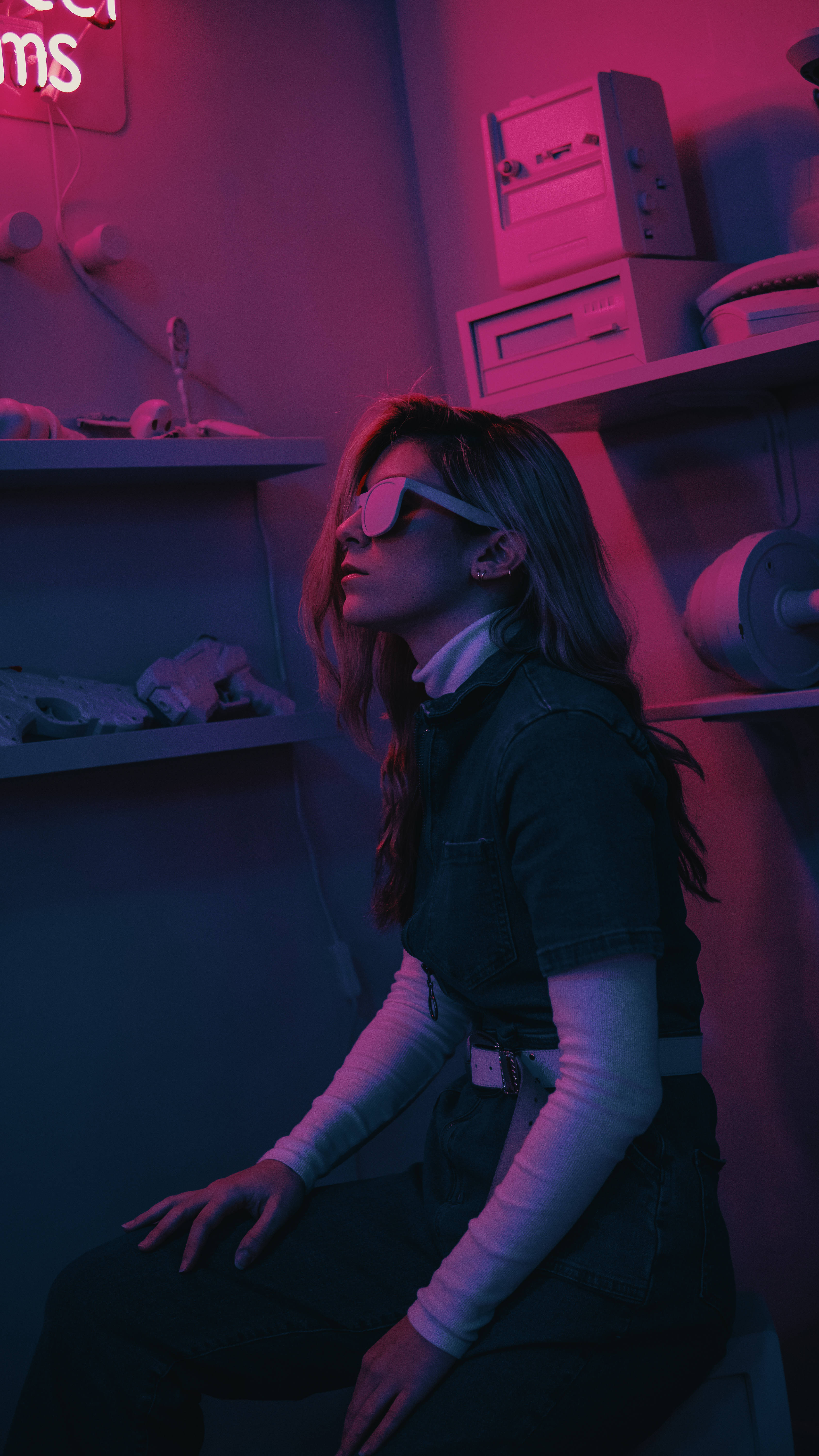 pink vaporwave, white blindfolds, neon light, 5K Phone Wallpaper
