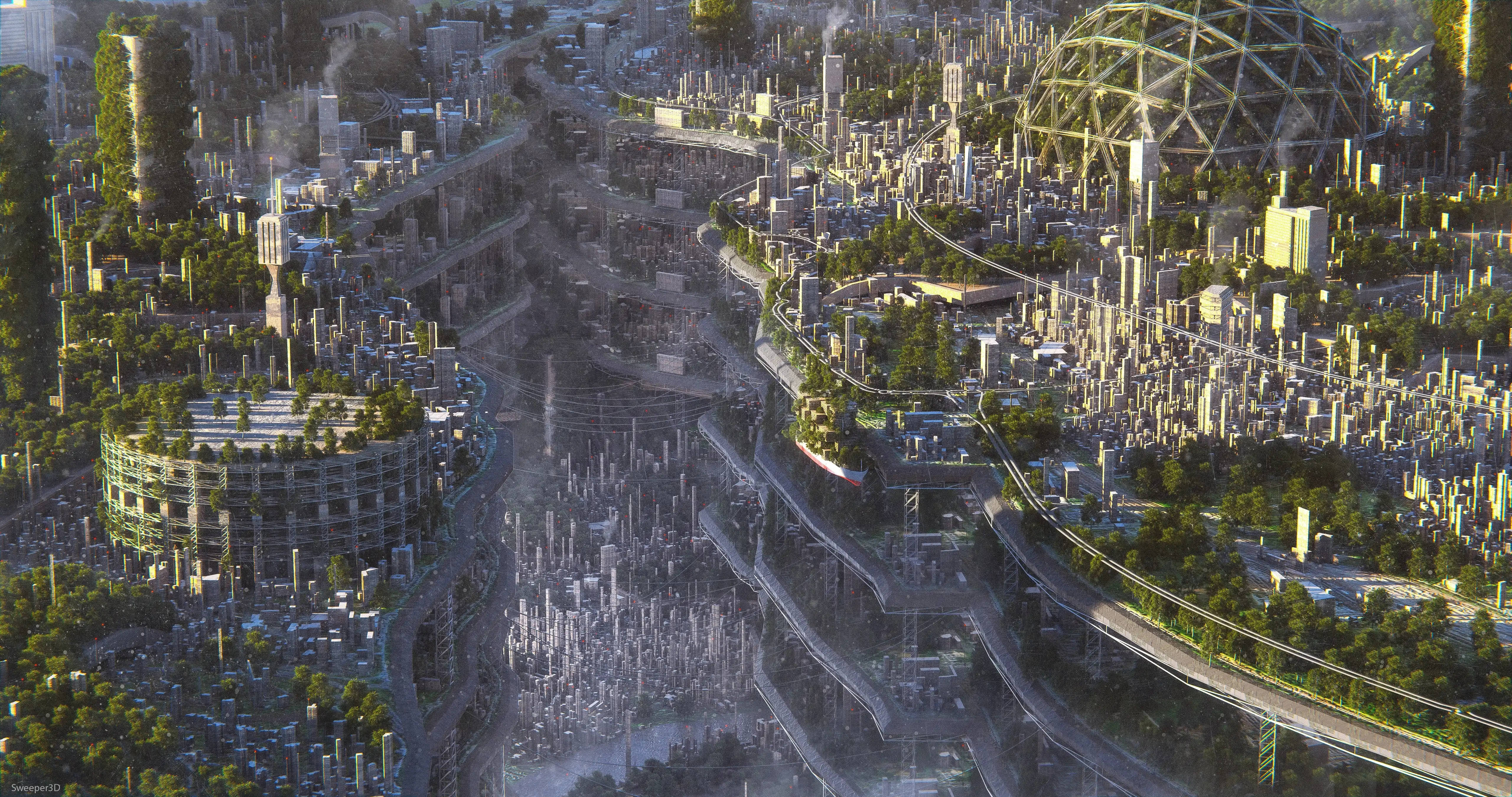 futuristic cityscape, towering green buildings, massive geodesic dome, 5K Desktop Wallpaper