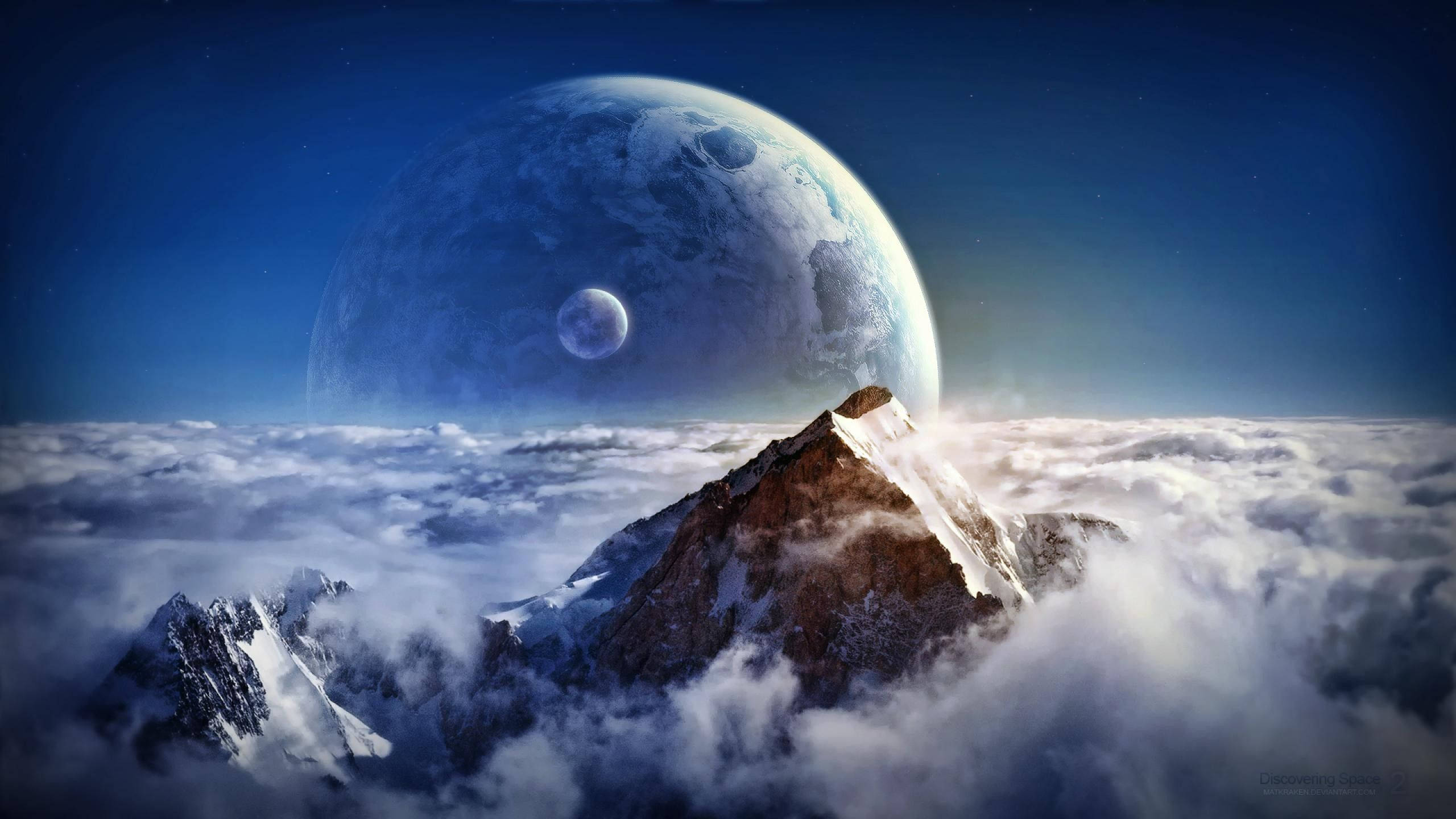 snowcapped mountain peak, clouds, giant blue planet, 2K Desktop Wallpaper
