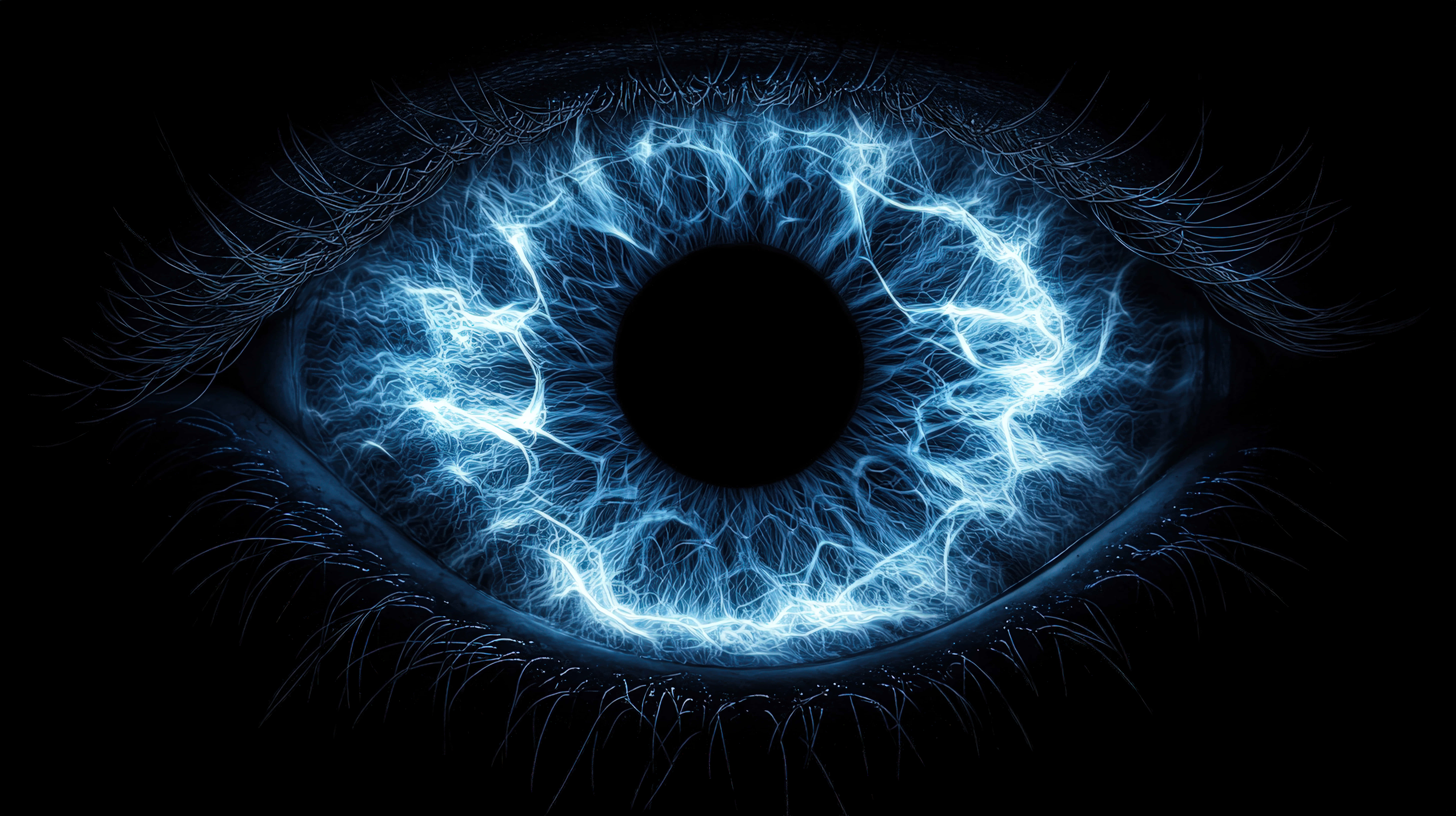 glowing blue eye, electric veins, electric blue lightning patterns, 8K Desktop Wallpaper