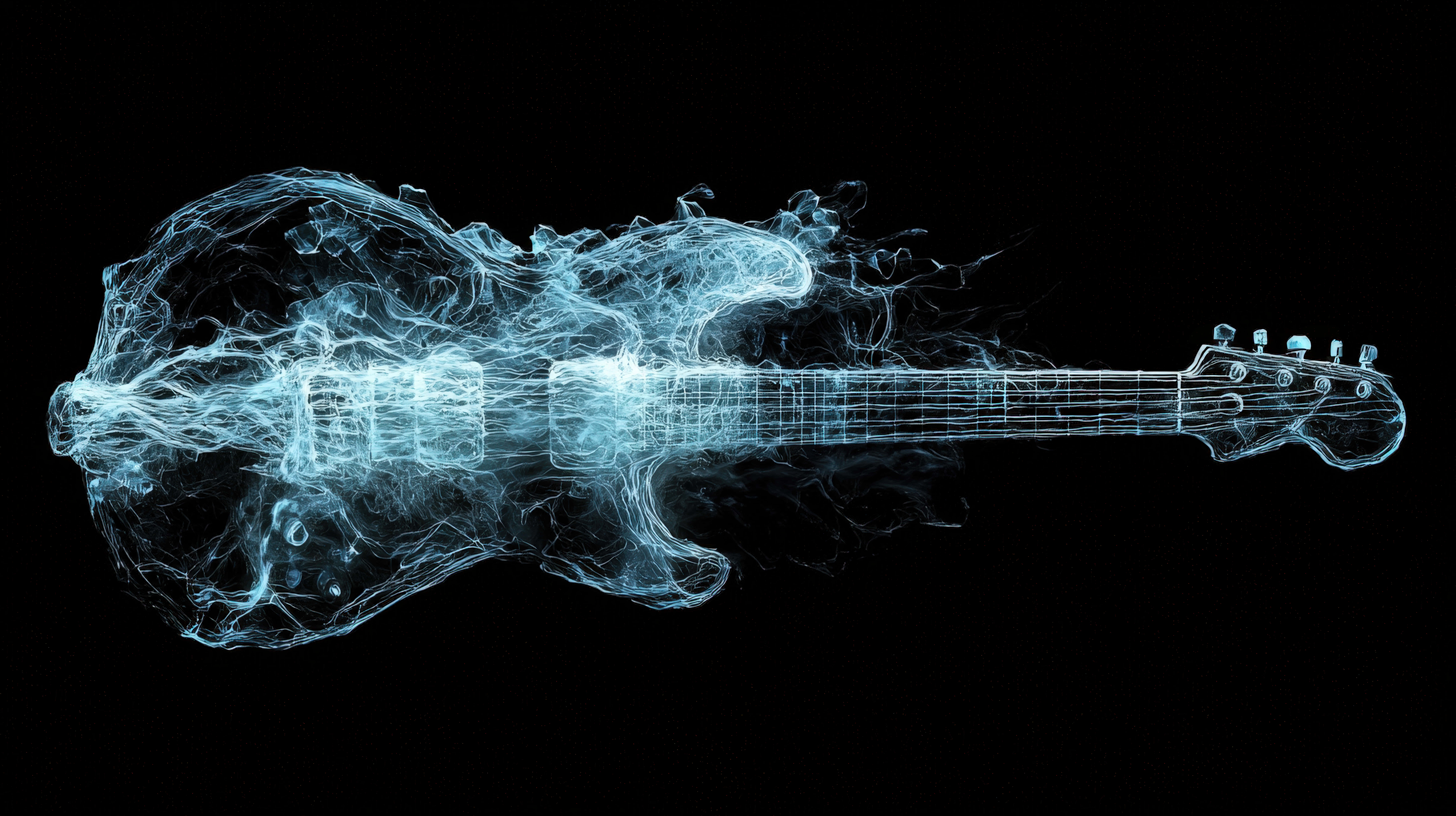 glowing blue energy, electric guitar, swirling smoke, 8K Desktop Wallpaper