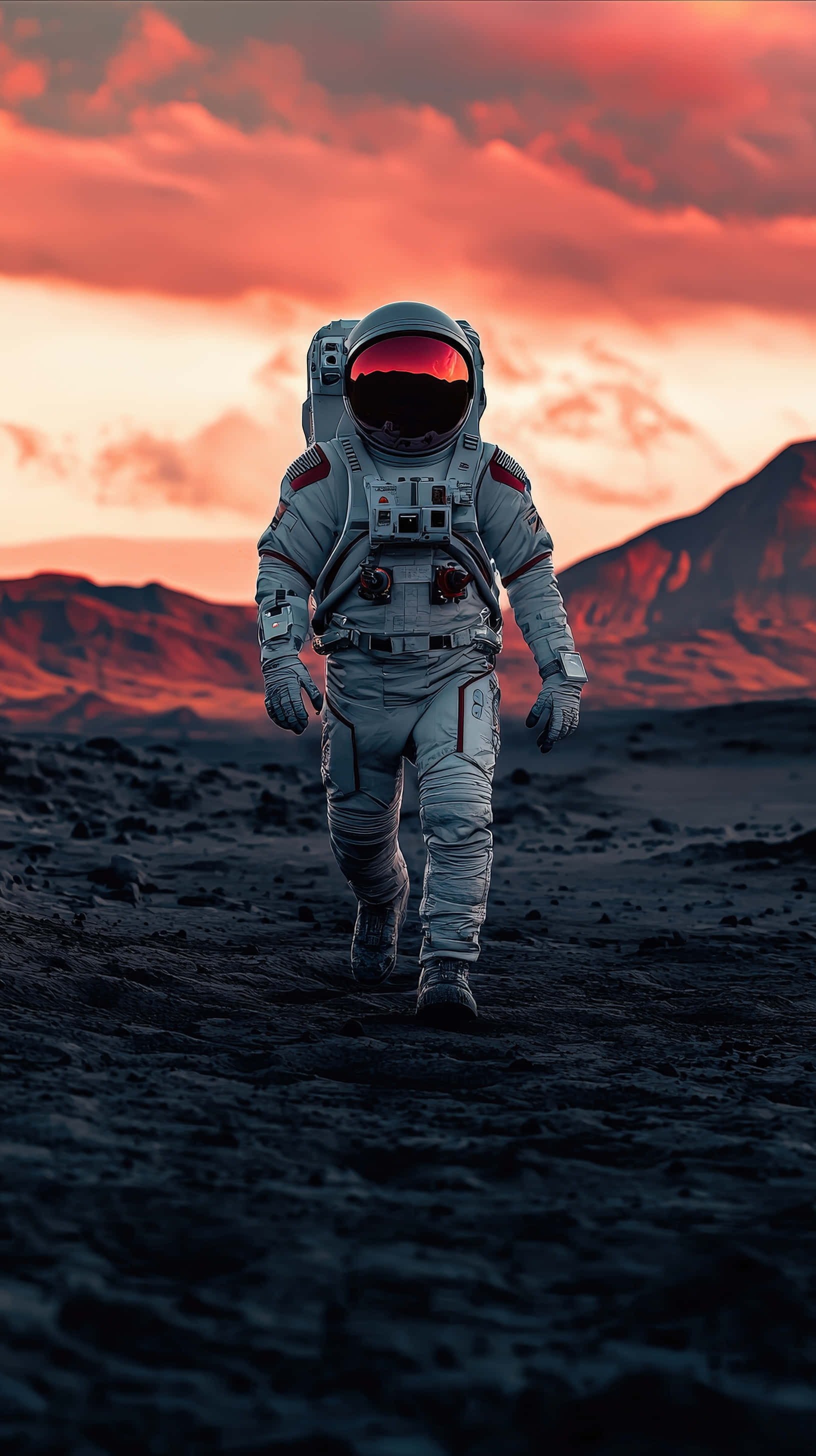 astronaut, white spacesuit, rugged alien desert, 2K Phone Wallpaper