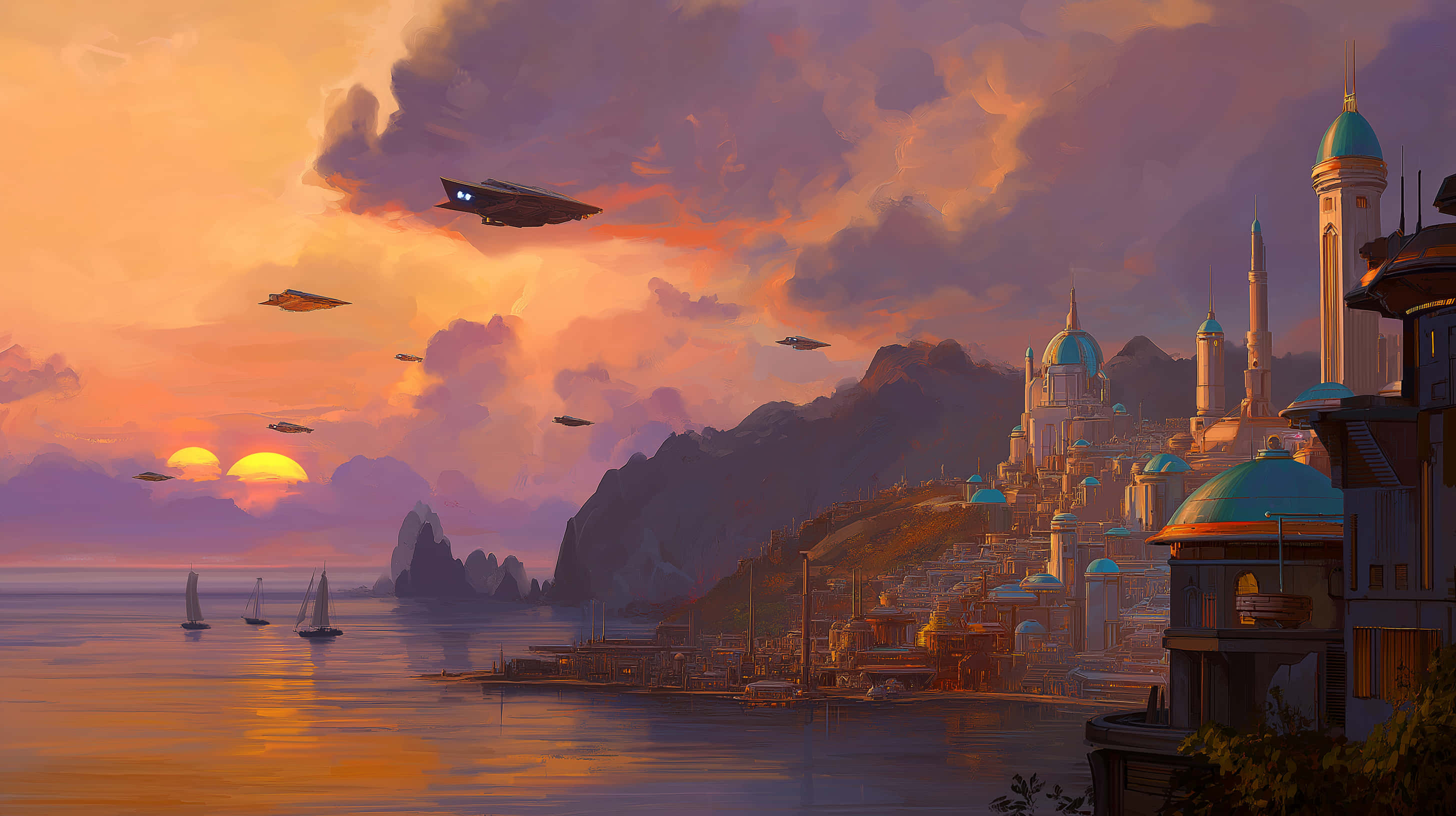futuristic coastal city, teal domed buildings, flying ships, 2K Desktop Wallpaper