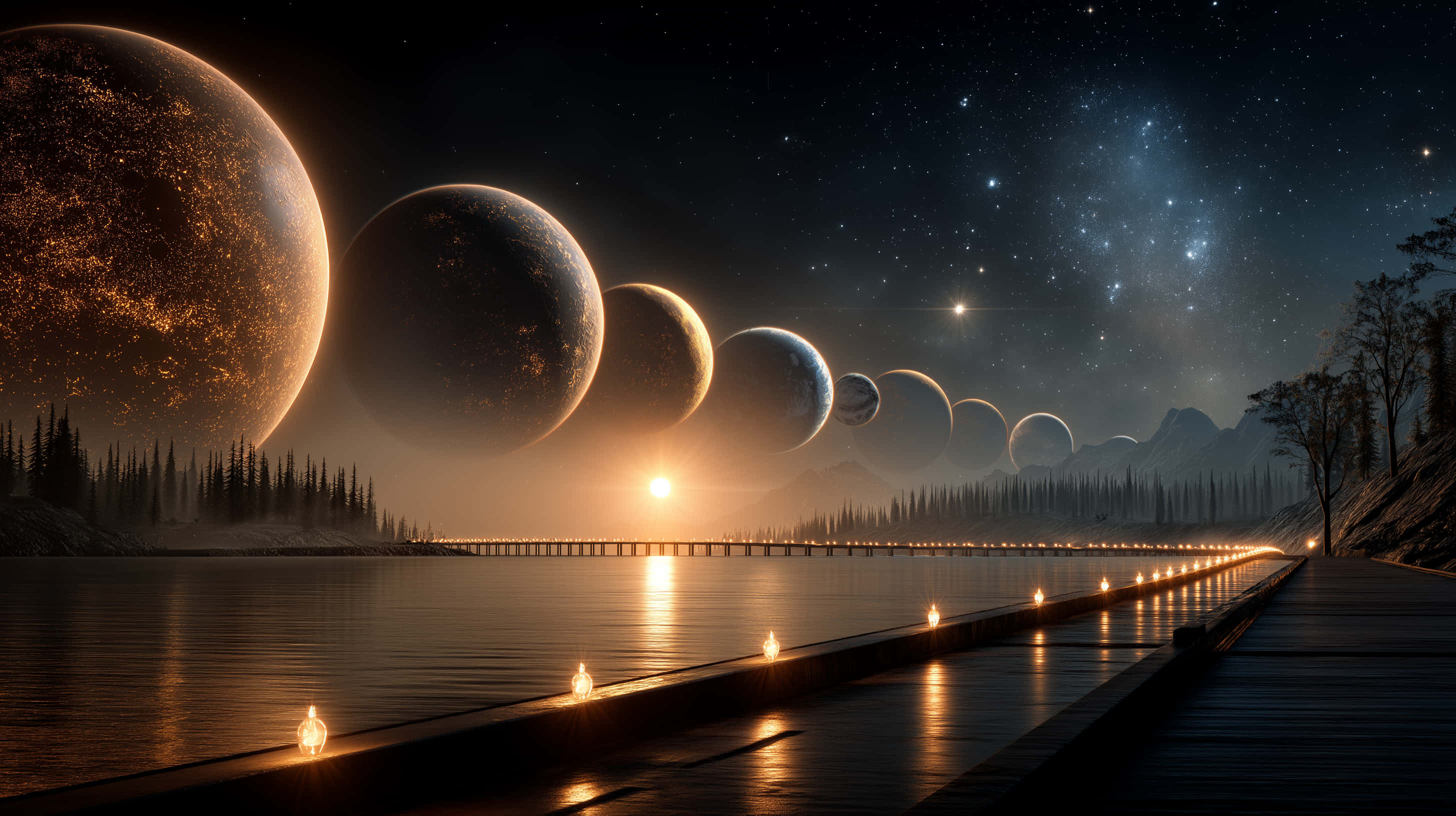 alien planets, glowing sun, giant planets, 2K Desktop Wallpaper