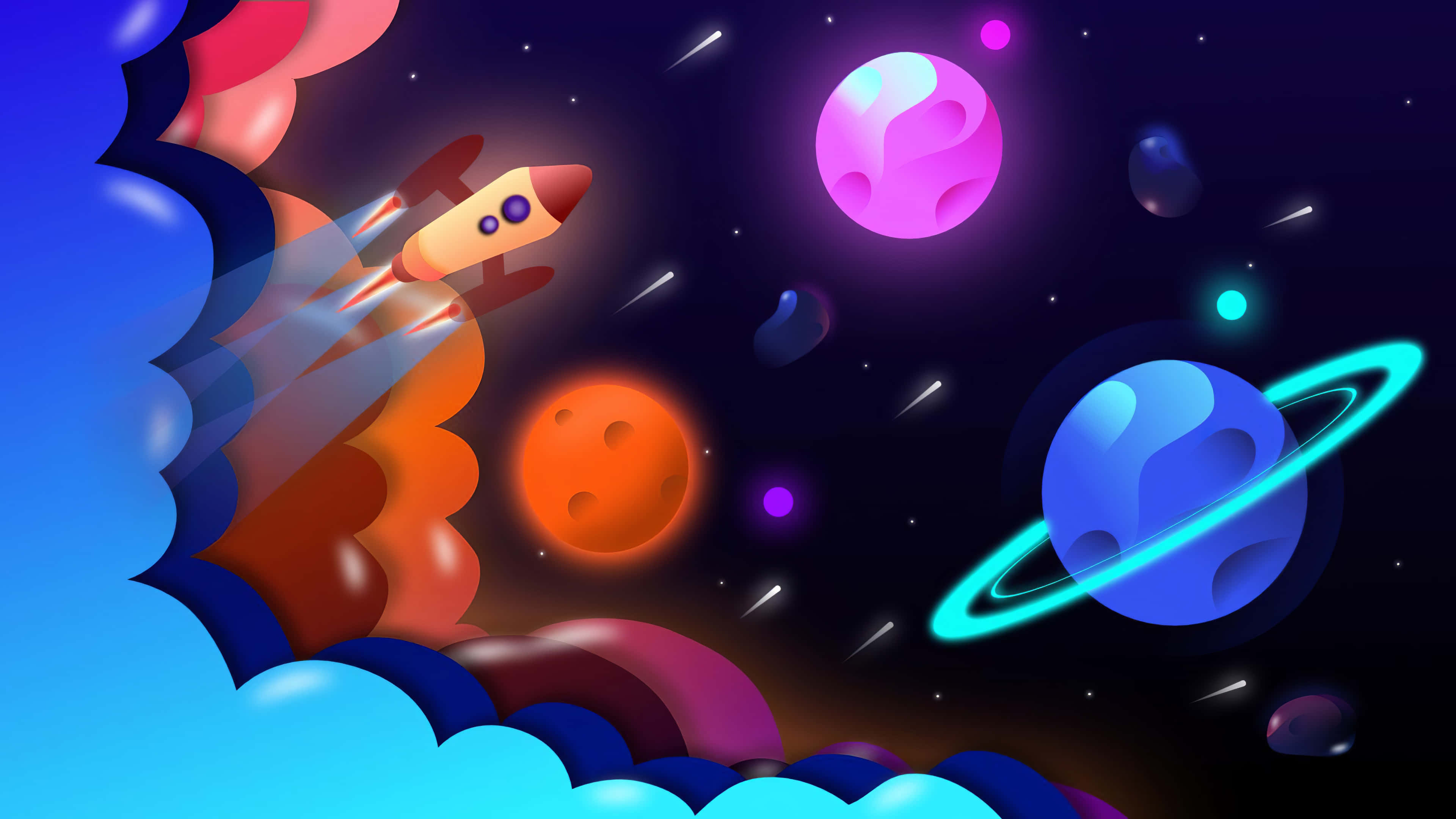 Cartoon Science, rocket, colorful clouds, 4K Desktop Wallpaper