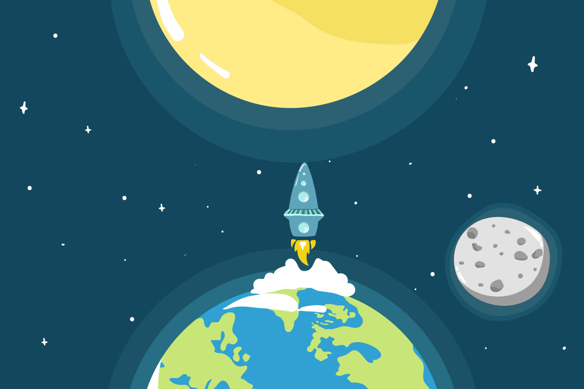 cartoon rocket, Earth's clouds, giant yellow moon, Full HD Desktop Wallpaper
