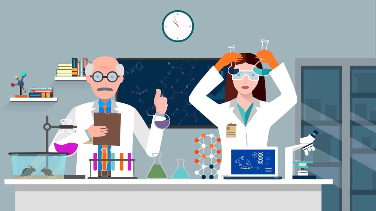 animated science lab experiment, scientists in lab coats, colorful chemicals, HD Desktop Wallpaper