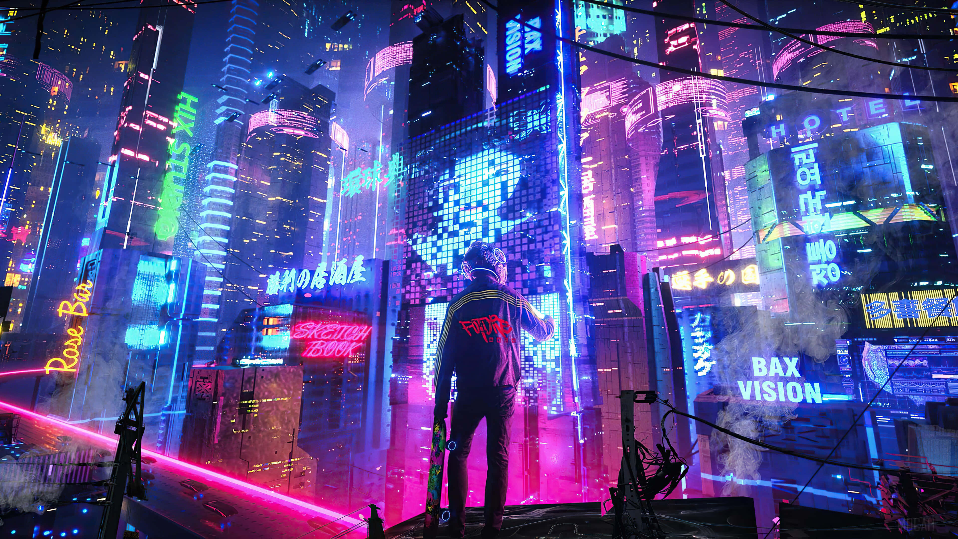neon-drenched cyberpunk cityscape, rooftop, towering skyscrapers, 4K Desktop Wallpaper