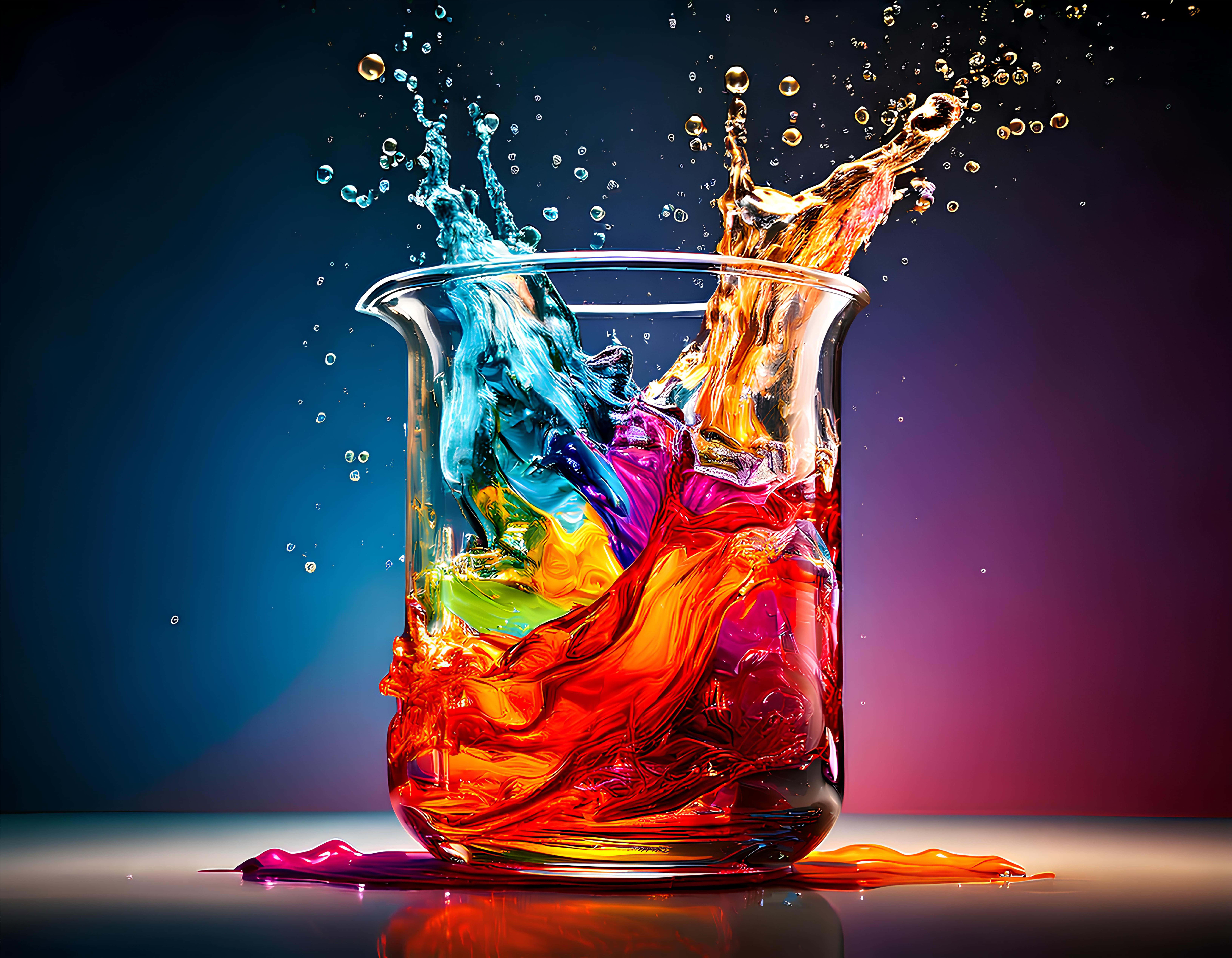 beaker, vibrant liquid colors, glass beaker, 8K Desktop Wallpaper