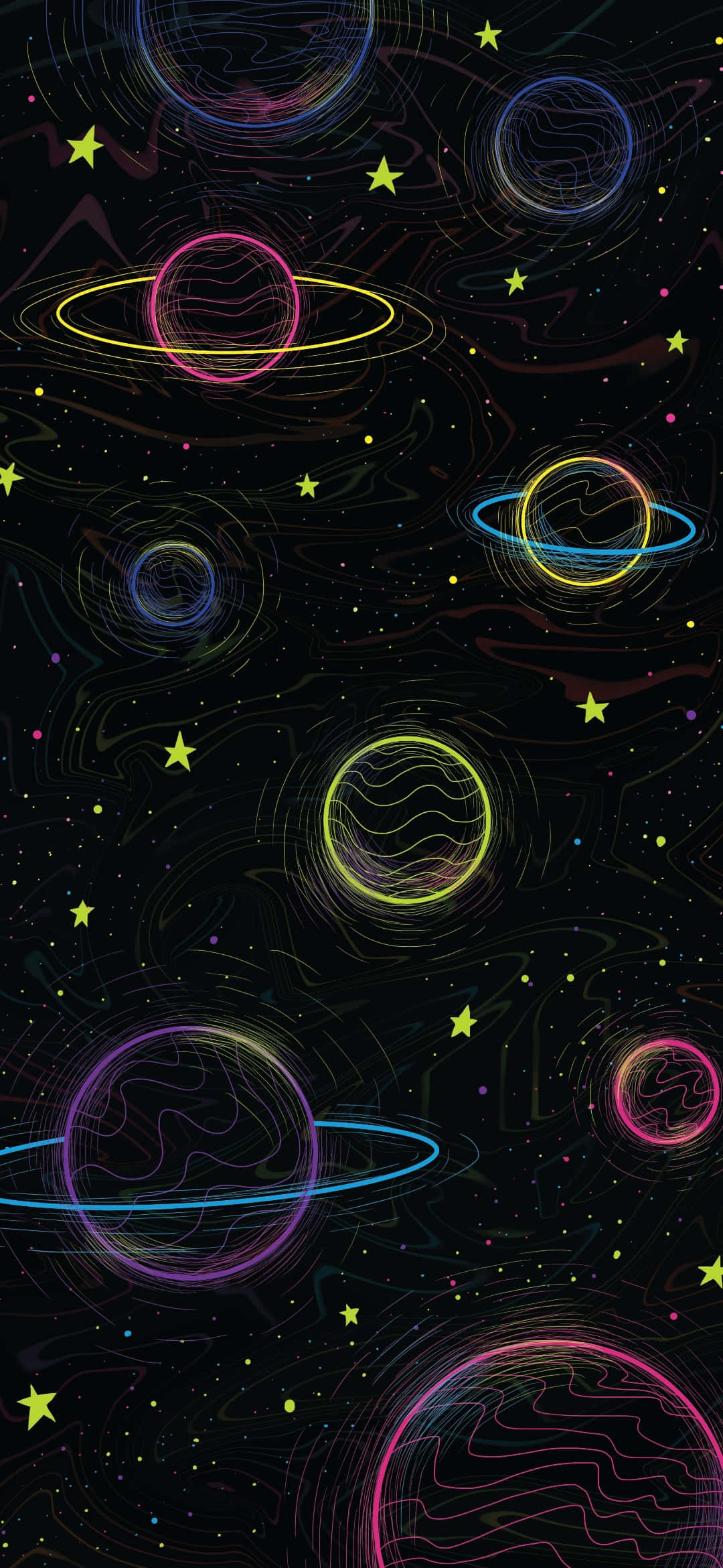 neon planets, glowing rings, stars, Full HD Phone Wallpaper