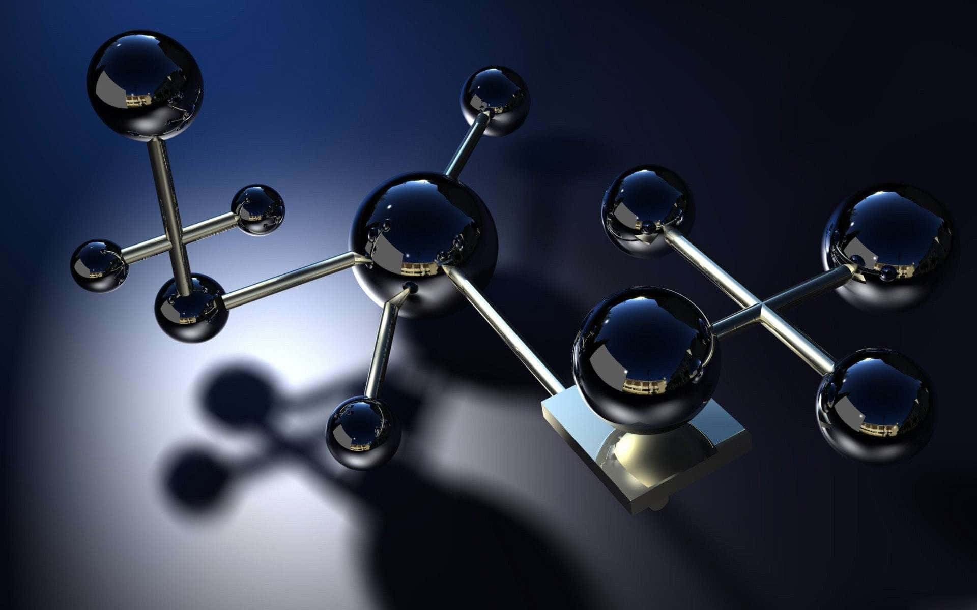 glossy black spheres, metallic rods, dark blue gradient background, Full HD Desktop Wallpaper