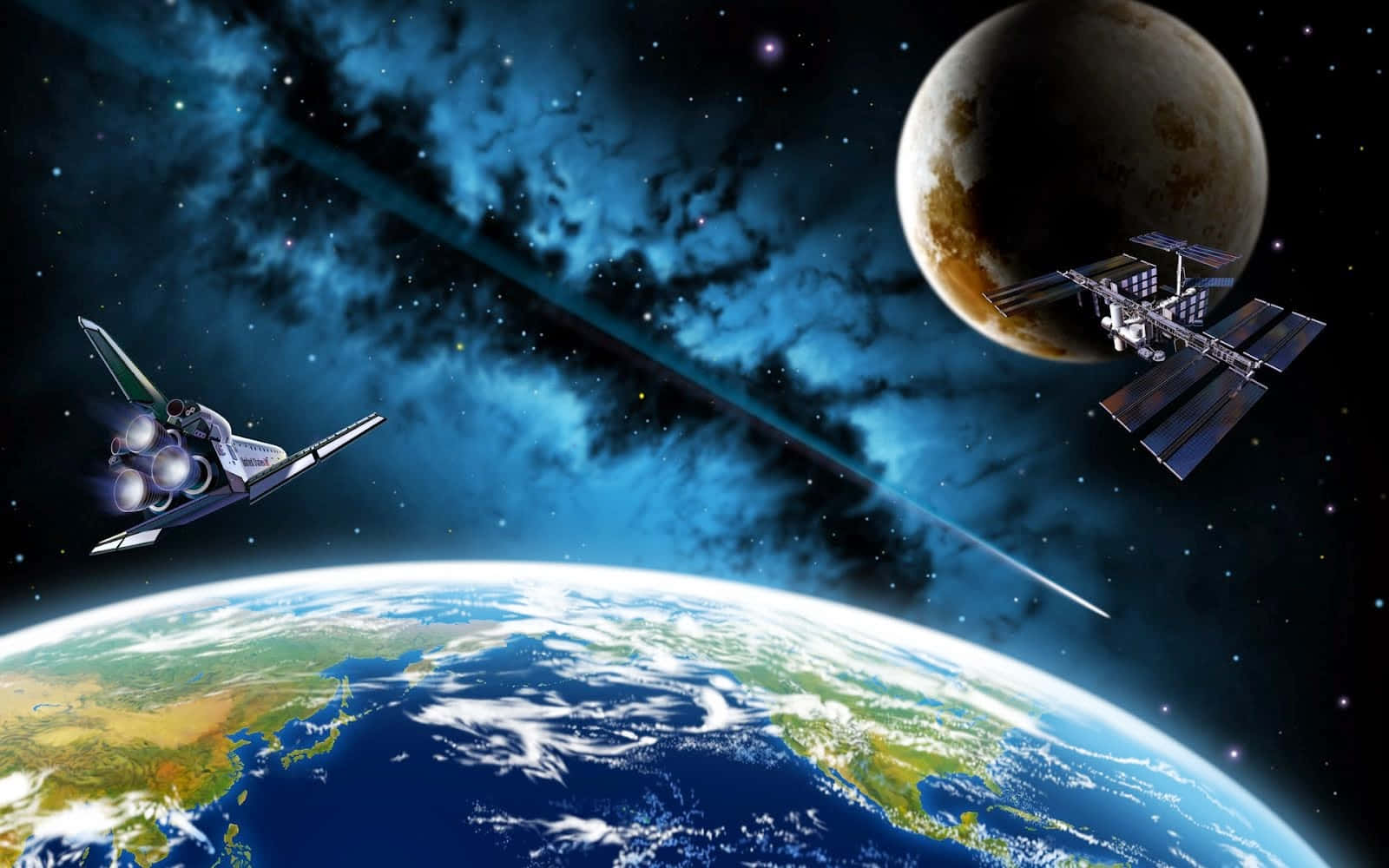 futuristic spaceship, Earth, space station, HD Desktop Wallpaper