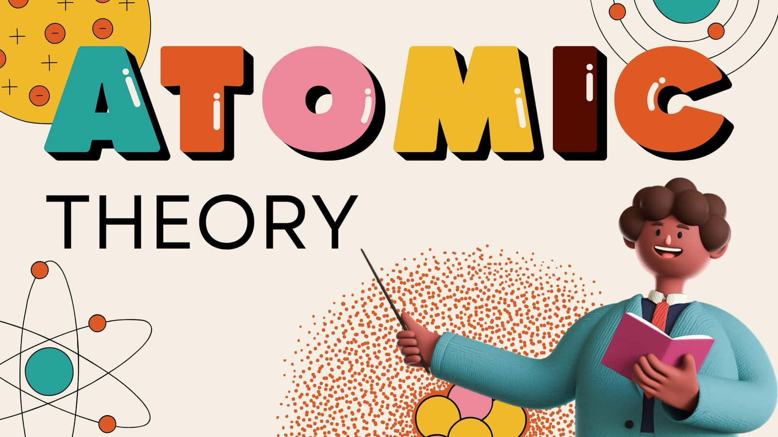 atomic theory, cartoon scientist, colorful 3d letters, HD Desktop Wallpaper