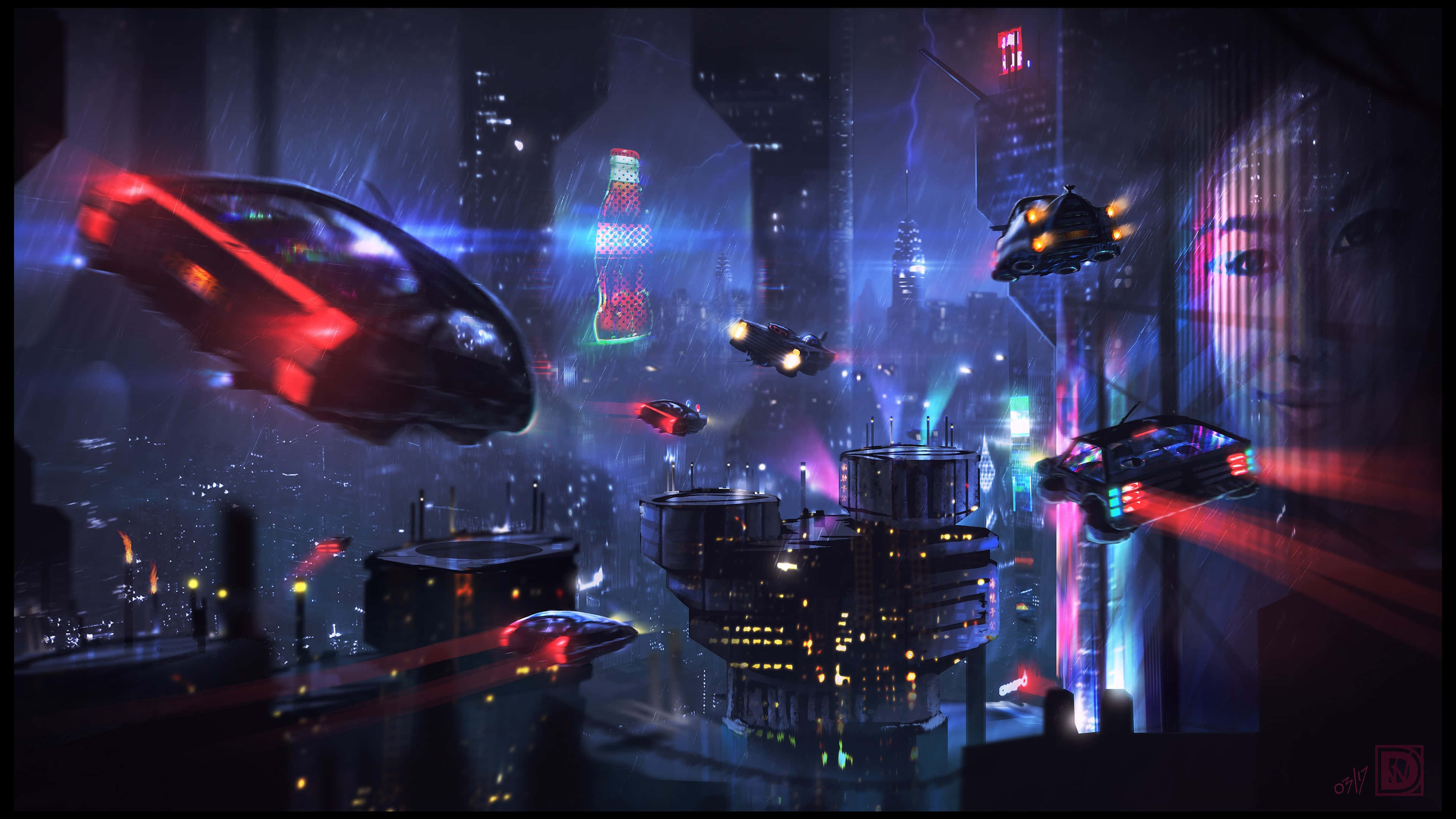 futuristic flying cars, neon-lit rain-soaked skyscrapers, cyberpunk metropolis, 4K Desktop Wallpaper