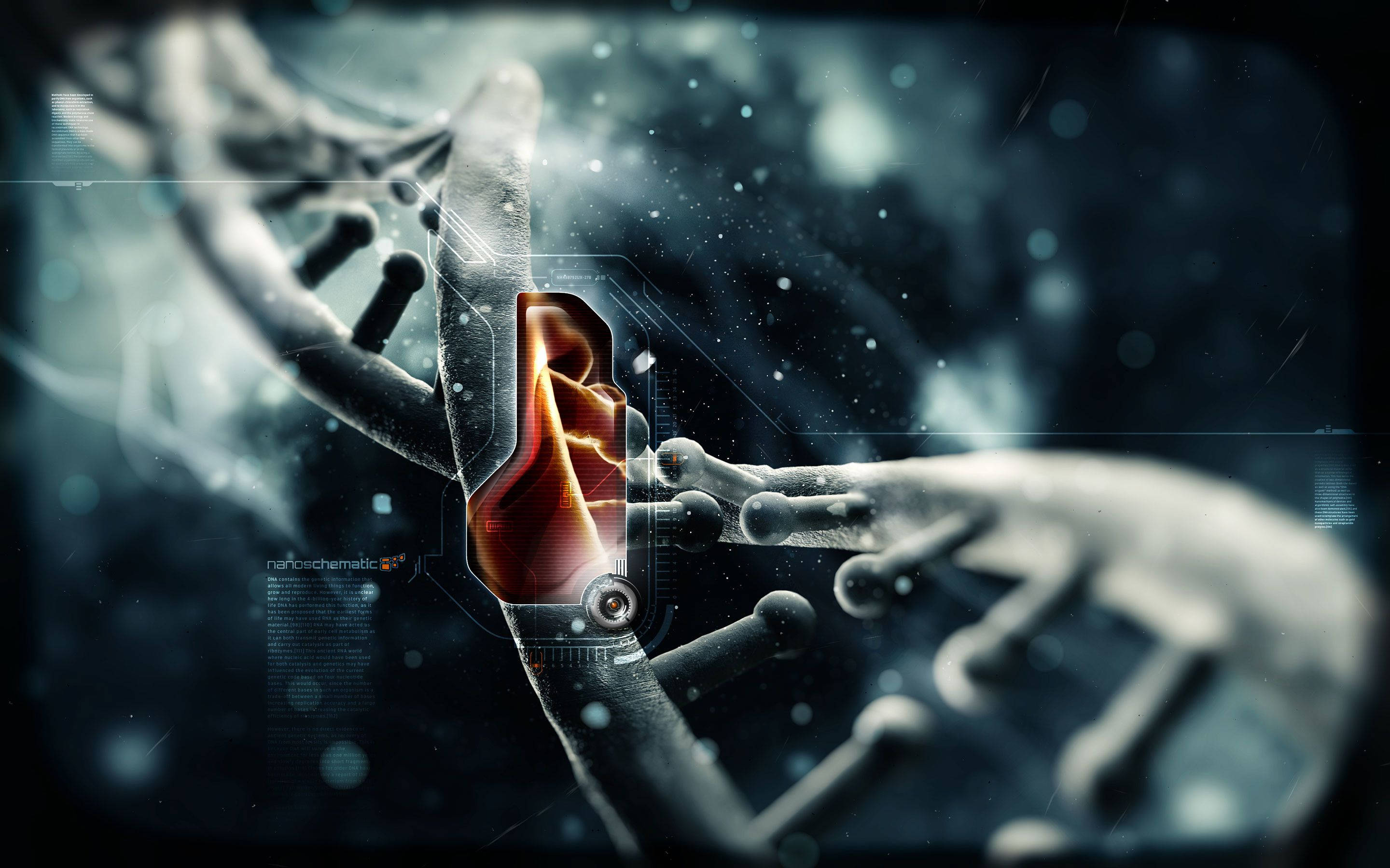 nanotechnology, DNA strand segment, glowing orange, 2K Desktop Wallpaper