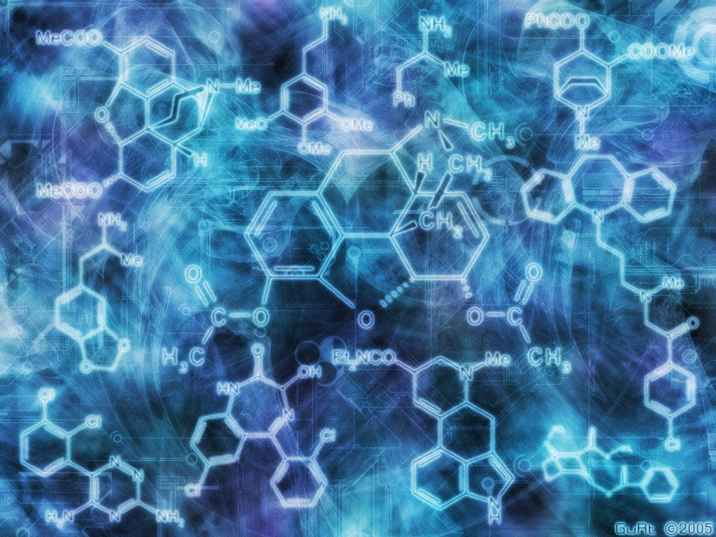 Science Desktop, glowing blue, chemical structures, SD Desktop Wallpaper