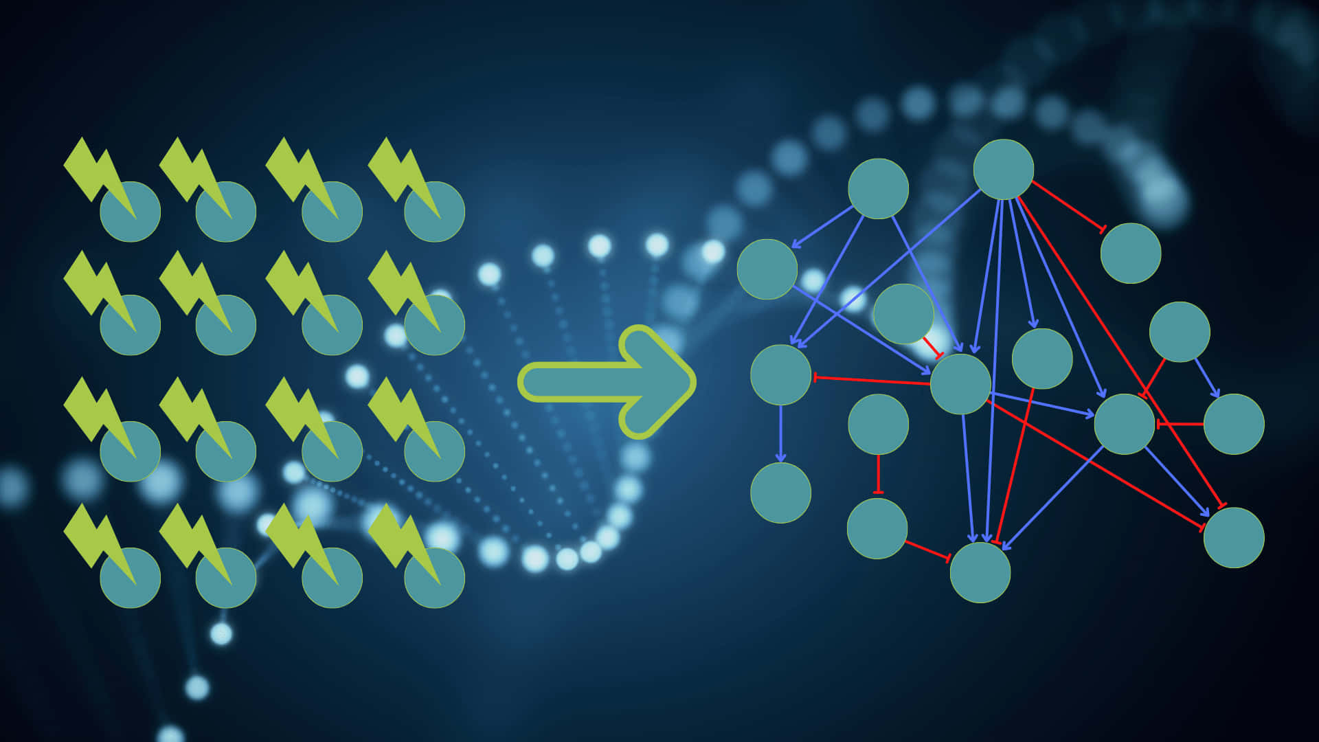 green lightning icons, neural network diagram, DNA helix backdrop, Full HD Desktop Wallpaper