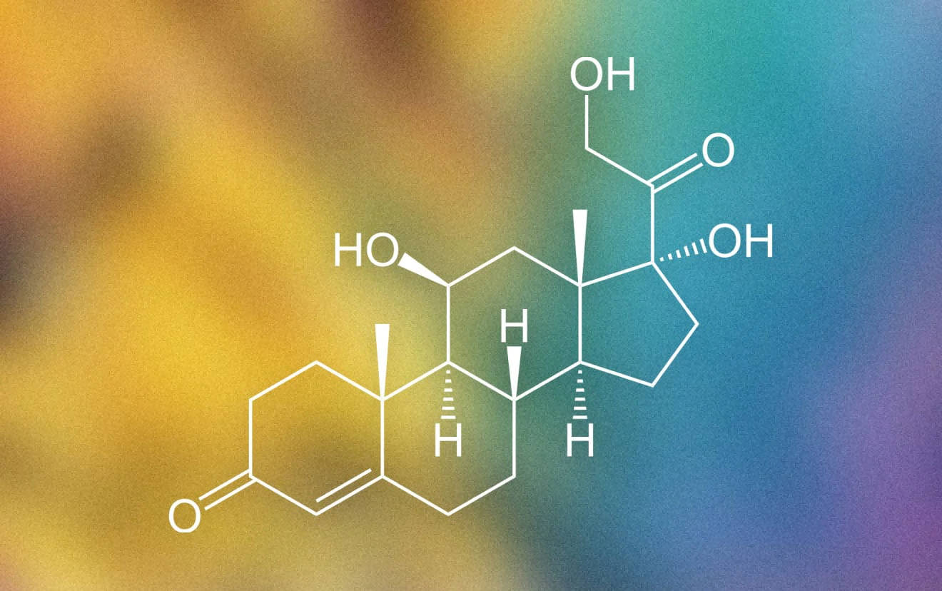 cortisol, white molecular structure, yellow to blue gradient background, HD Desktop Wallpaper