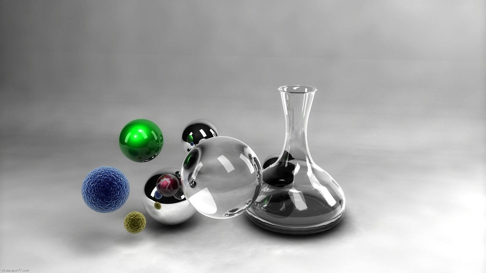science desktop, glass decanter, glossy spheres, Full HD Desktop Wallpaper