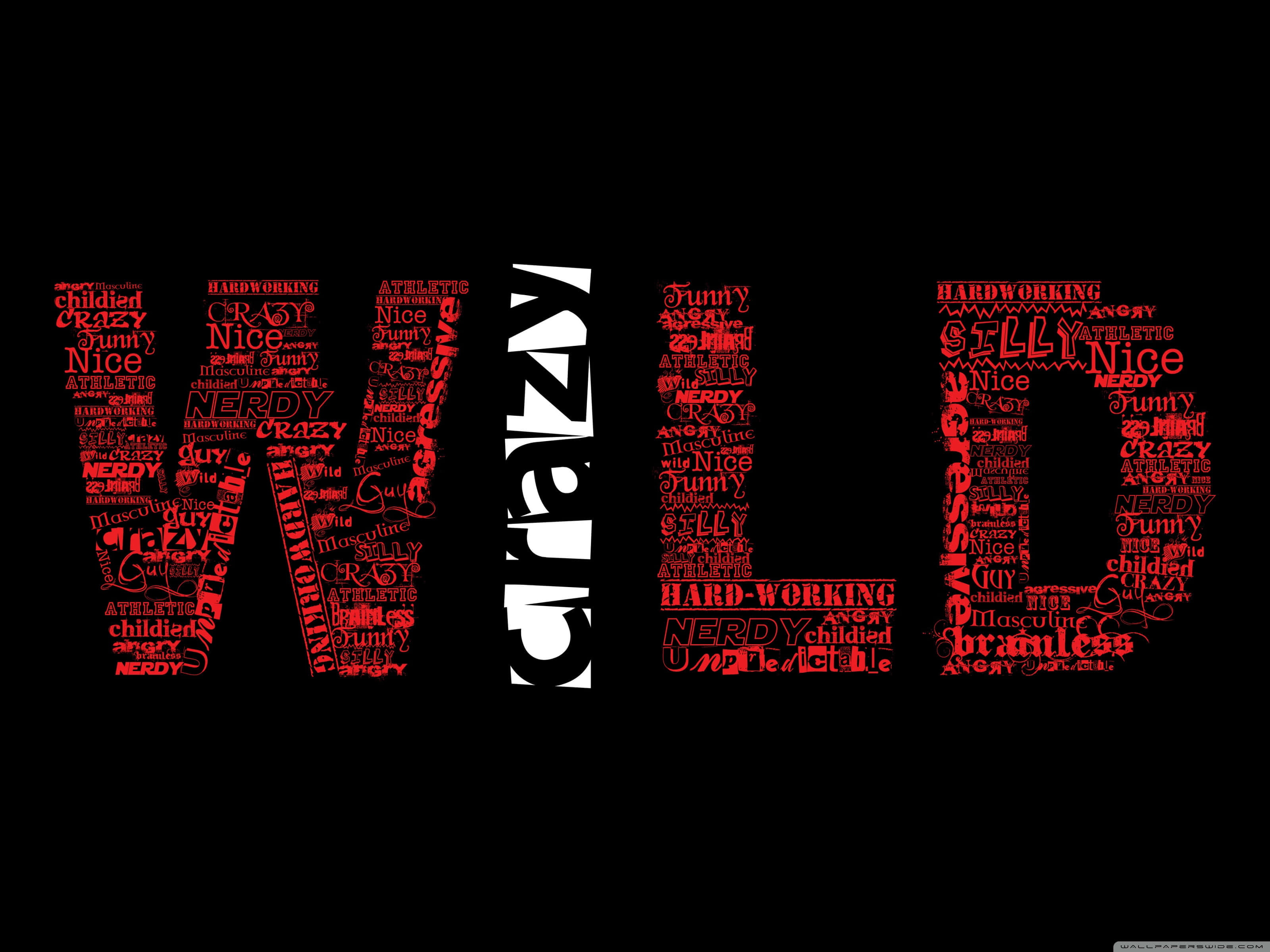 WILD, black background, white and red text, 2K Desktop Wallpaper
