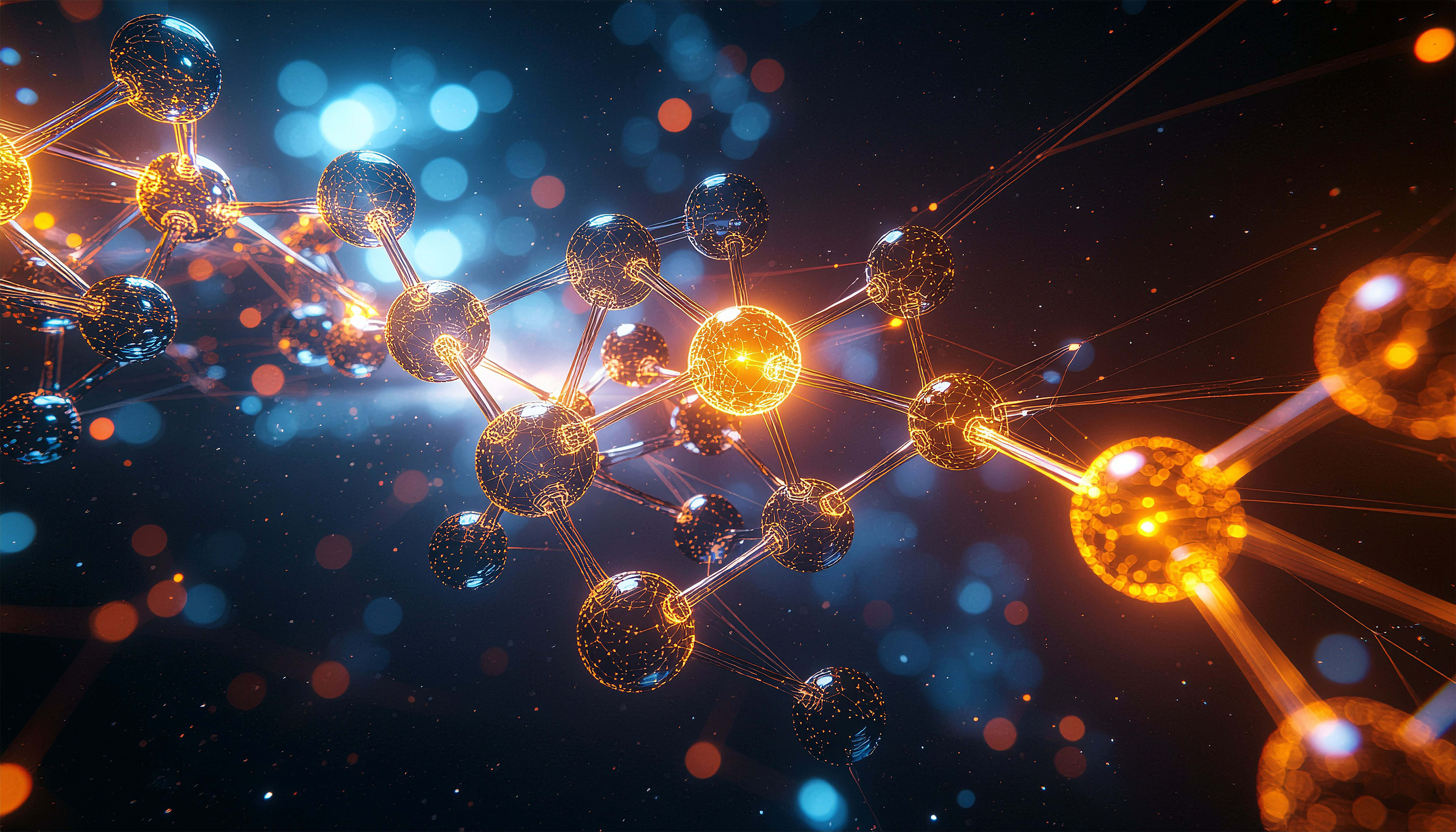 molecular structure, golden and blue spheres, rods, 8K Desktop Wallpaper