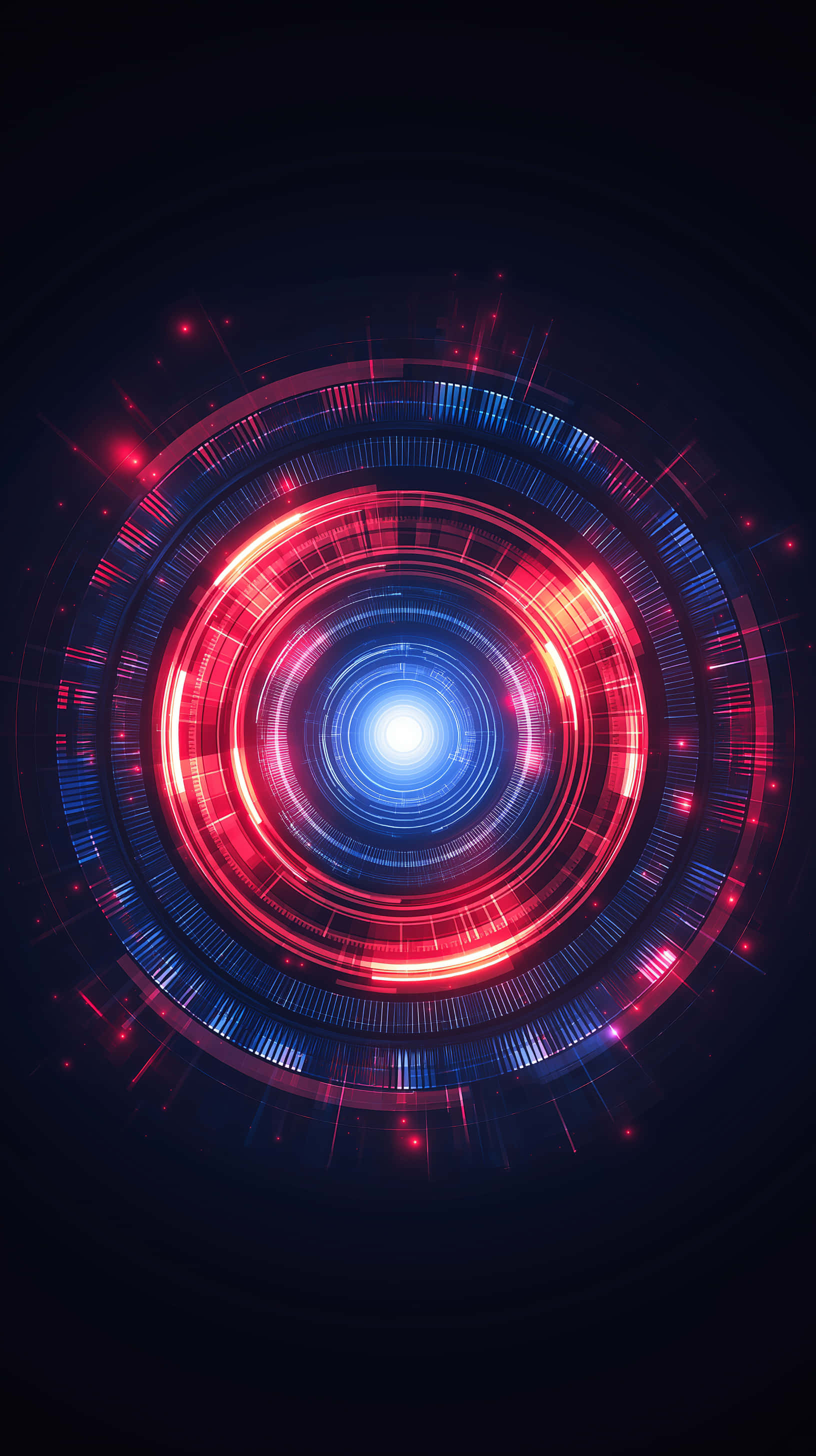 energetic core, luminous digital vortex, concentric red and blue rings, 2K Phone Wallpaper