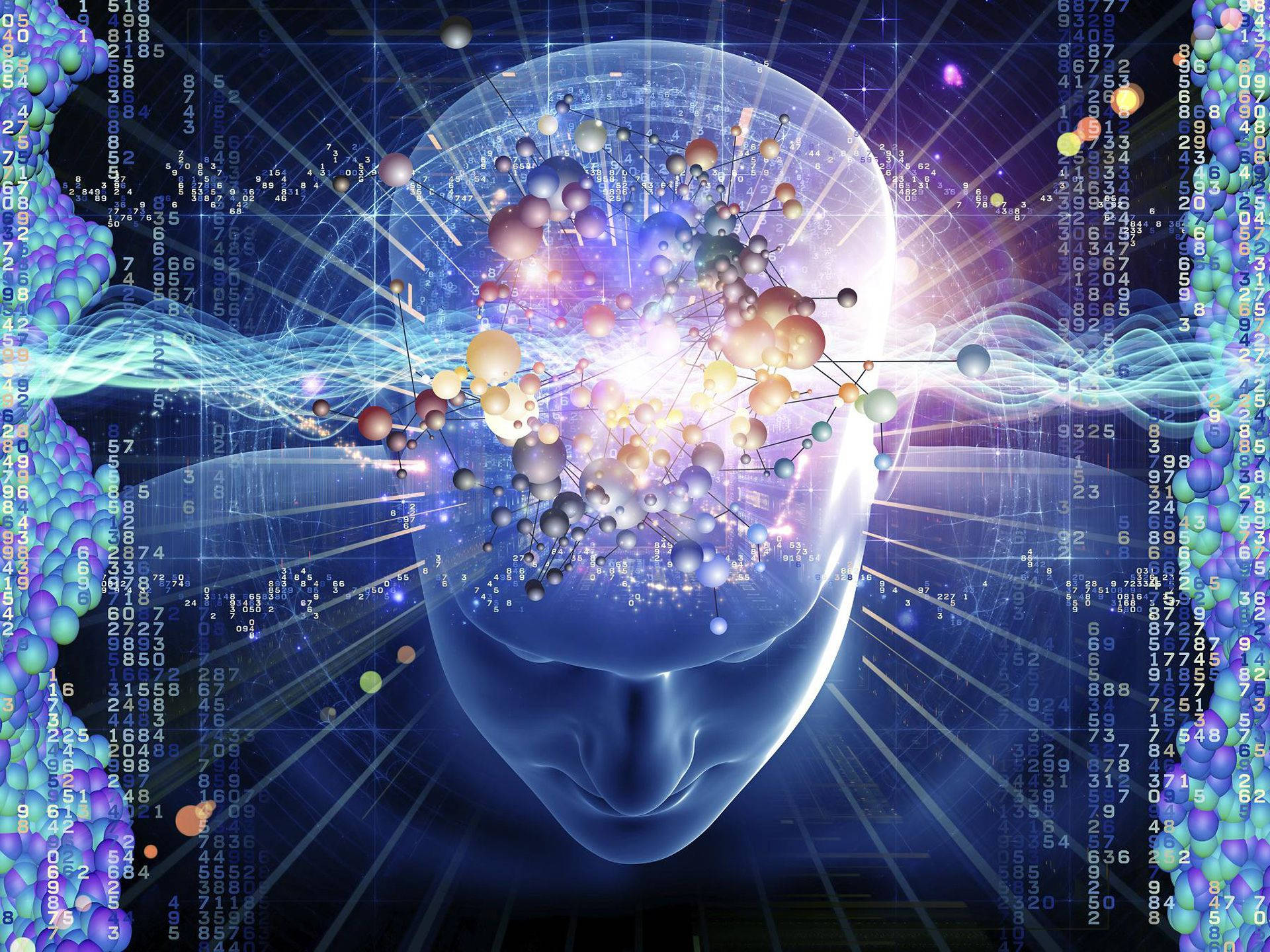 cerebral cortex, glowing translucent human head, colorful molecular structures, Full HD Desktop Wallpaper