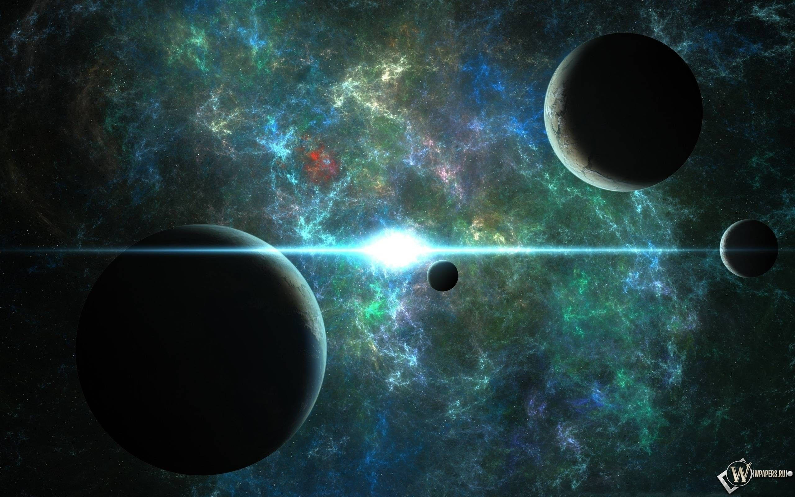science, planets, turquoise galaxy, 2K Desktop Wallpaper