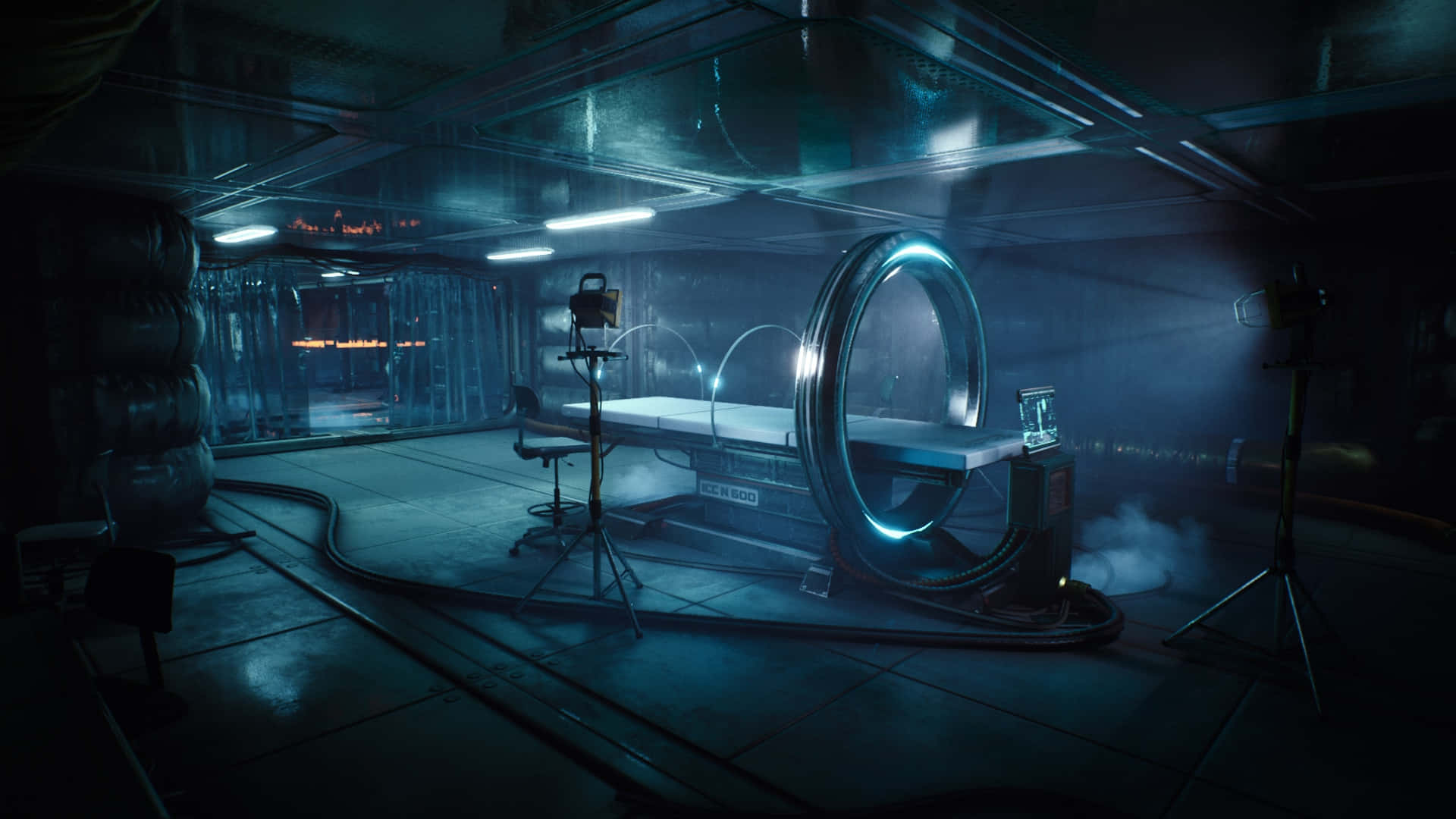 futuristic medical chamber, glowing blue circular device, misty floor, Full HD Desktop Wallpaper