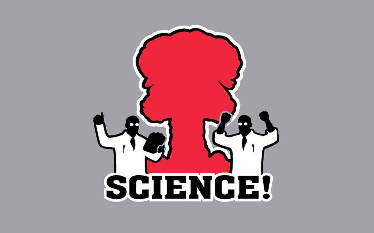 Science, red atomic explosion, white coats, HD Desktop Wallpaper