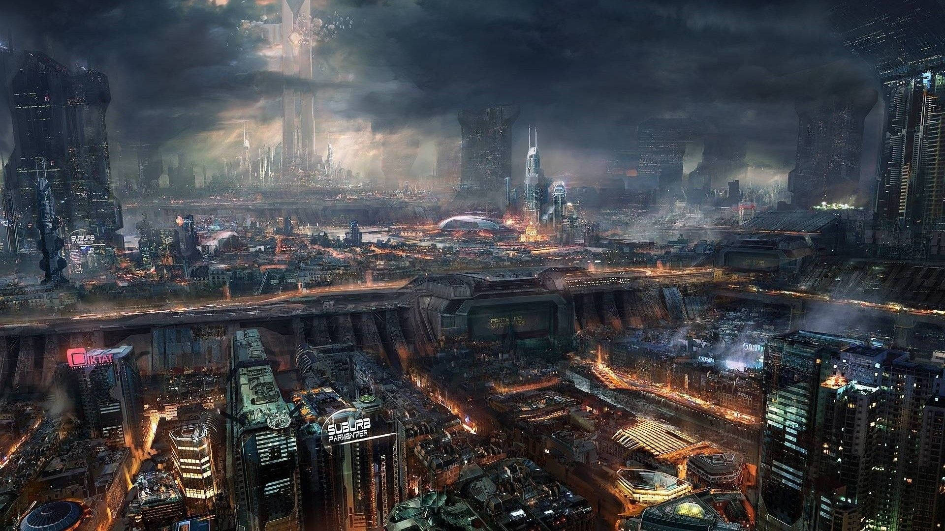 futuristic cityscape, stormy sky, neon lights, Full HD Desktop Wallpaper