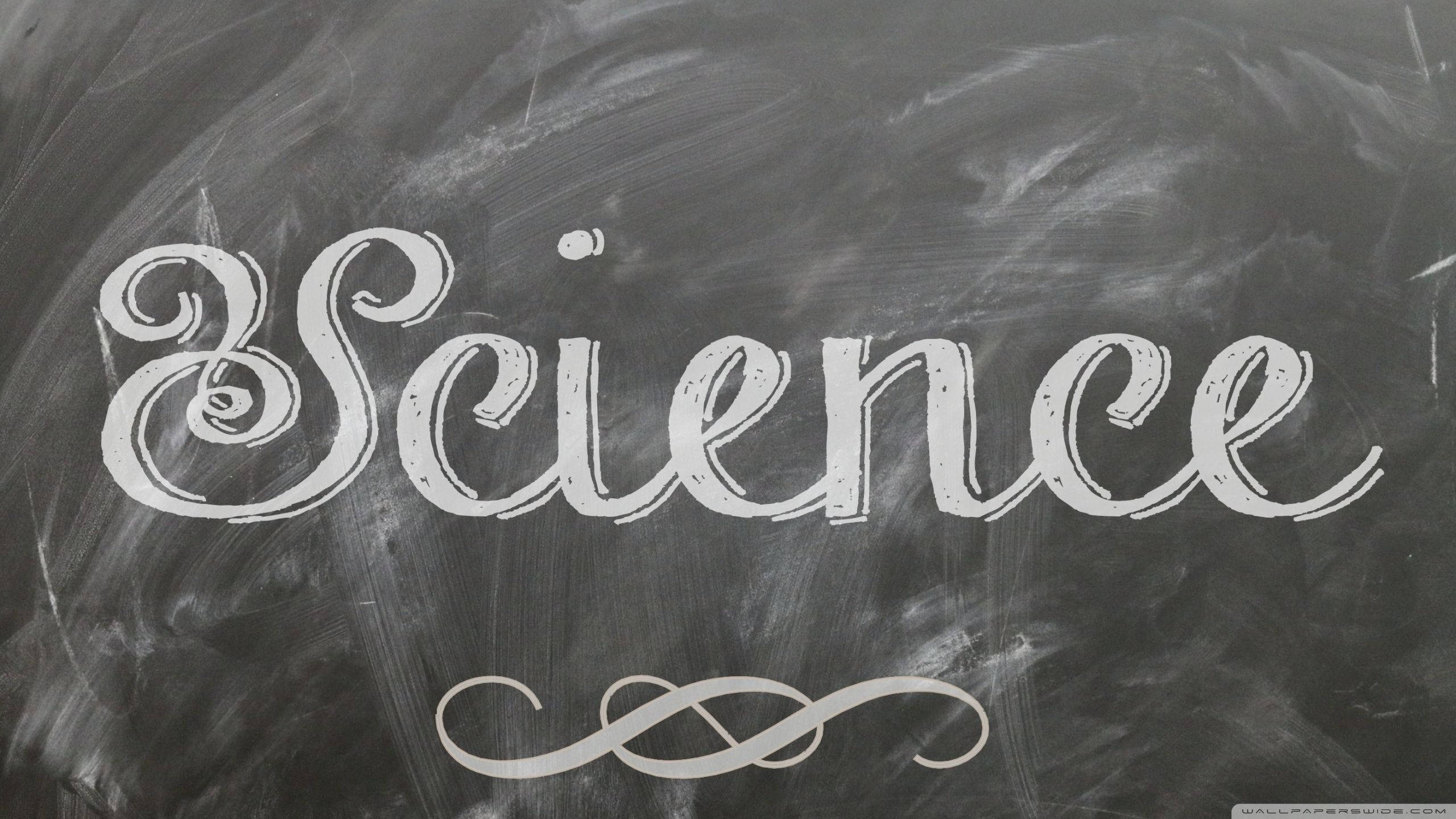 gray science calligraphy, white chalk script, textured dark gray chalkboard, 2K Desktop Wallpaper