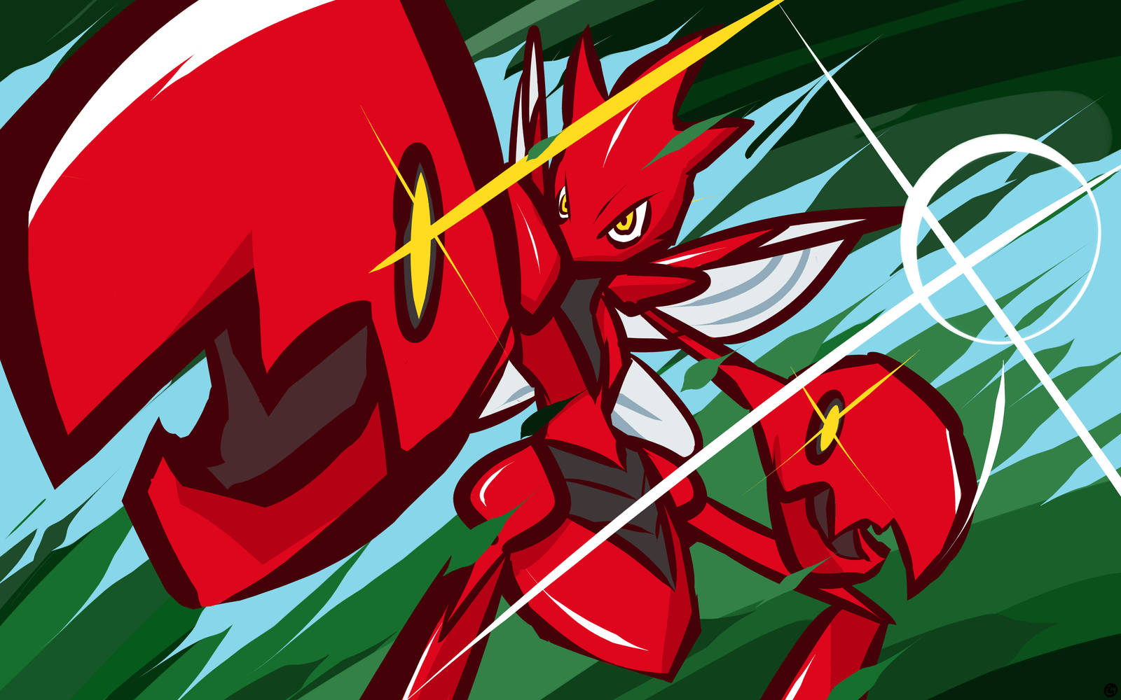 Scizor, red anime-style insectoid creature, glowing yellow eyes, HD Desktop Wallpaper