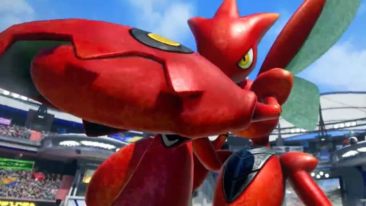 Scizor, red armored insectoid creature, yellow eyes, HD Desktop Wallpaper