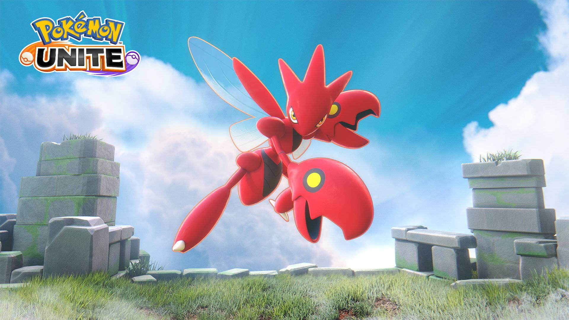 Scizor, vibrant red, ancient stone ruins, Full HD Desktop Wallpaper