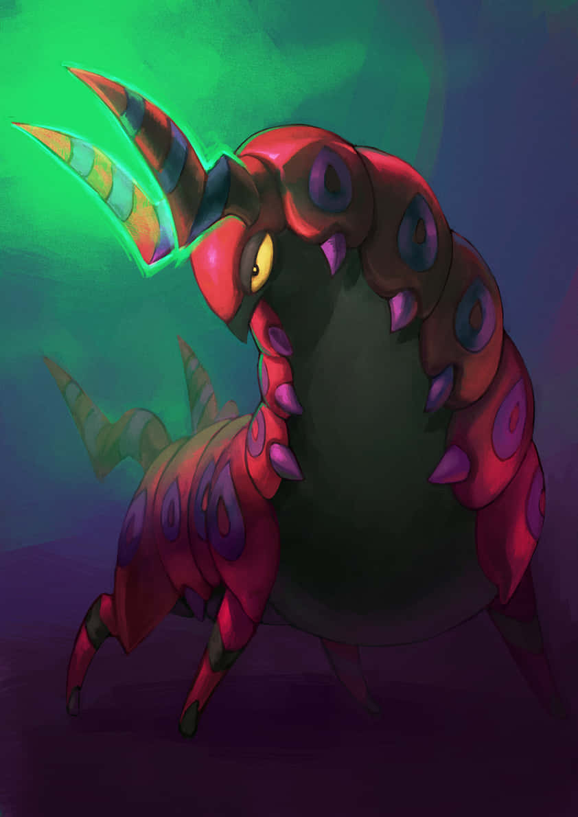 Scolipede, green backdrop, red and purple alien creature, SD Phone Wallpaper