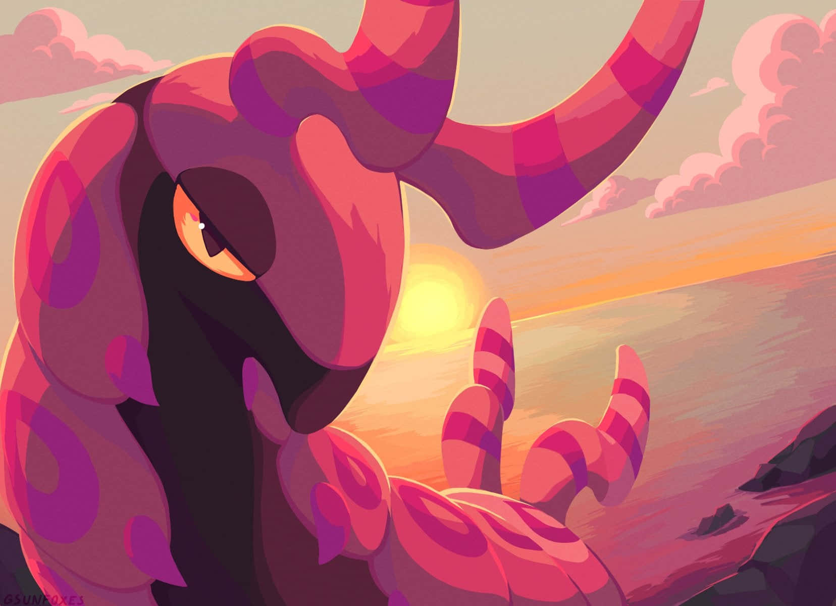 Scolipede, sunset sky, pink and purple horned creature, HD Desktop Wallpaper
