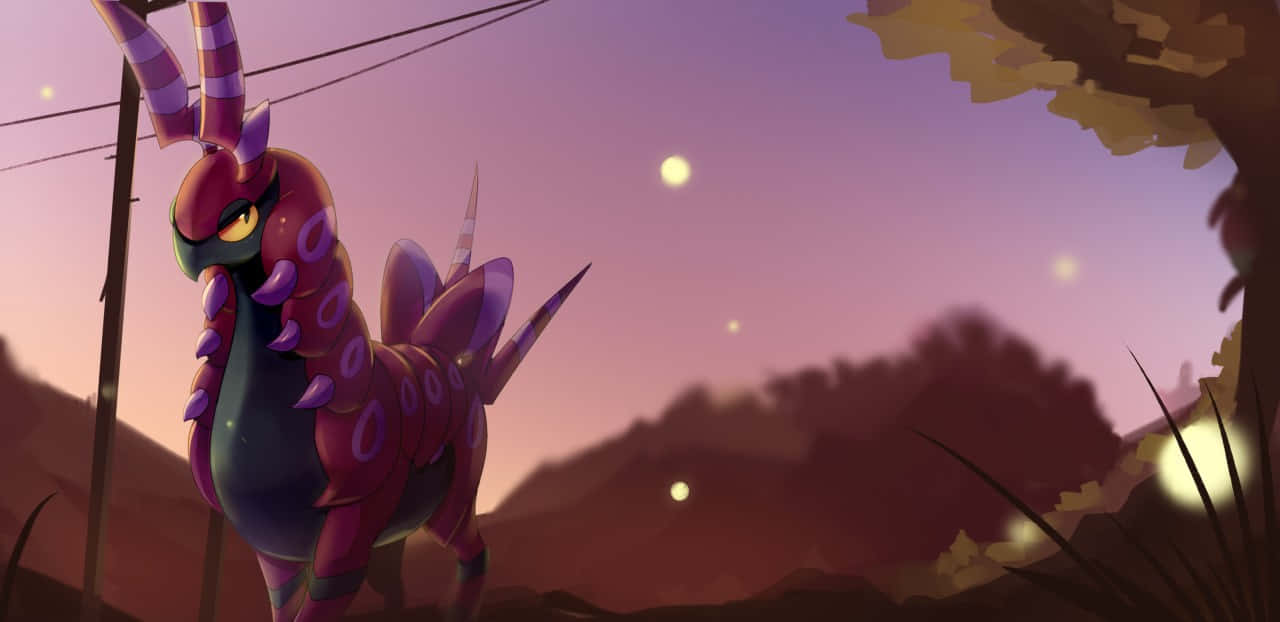 Scolipede, pink afternoon sky, twilight field, HD Desktop Wallpaper