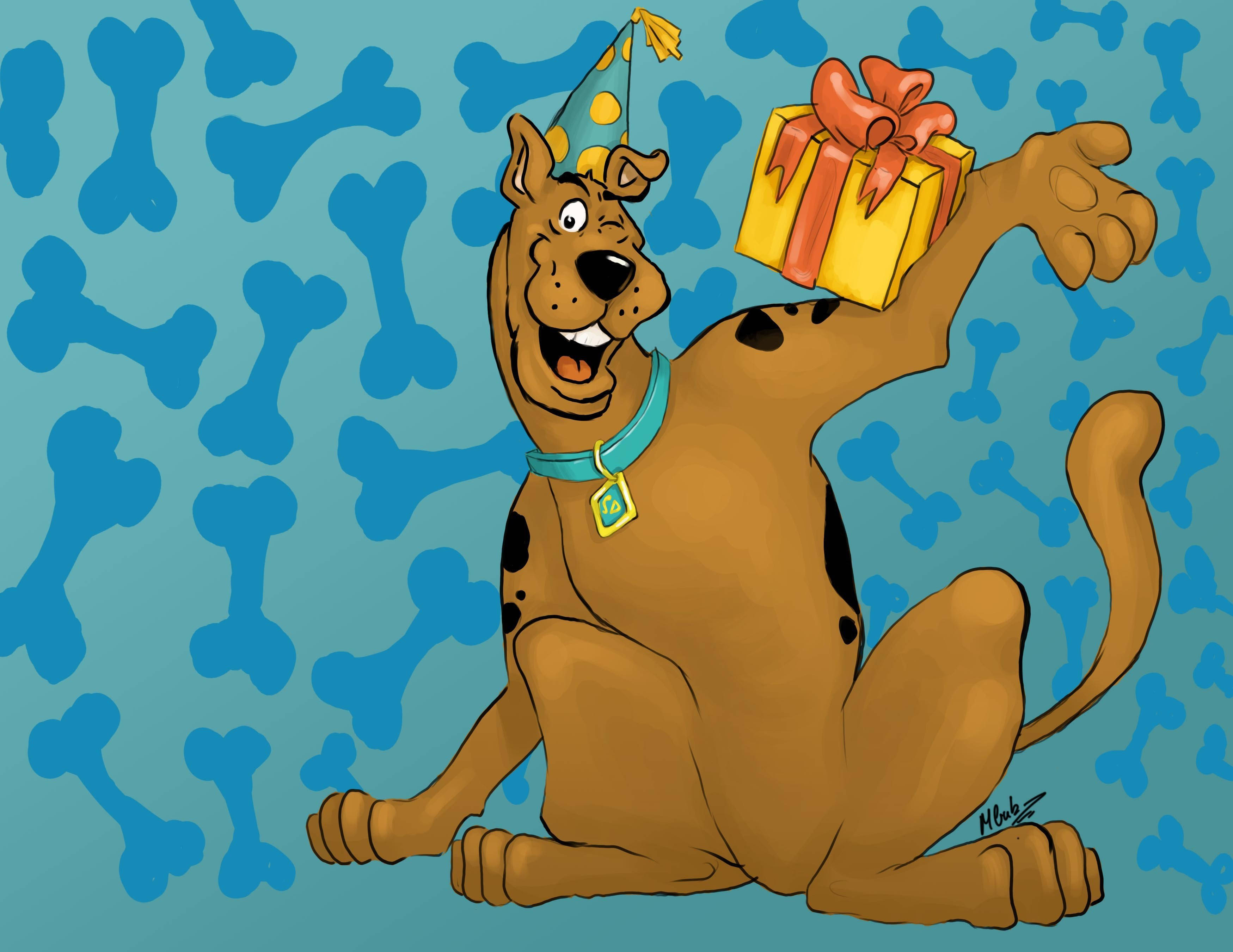 Scooby Doo, party hat, yellow gift box, 2K Desktop Wallpaper