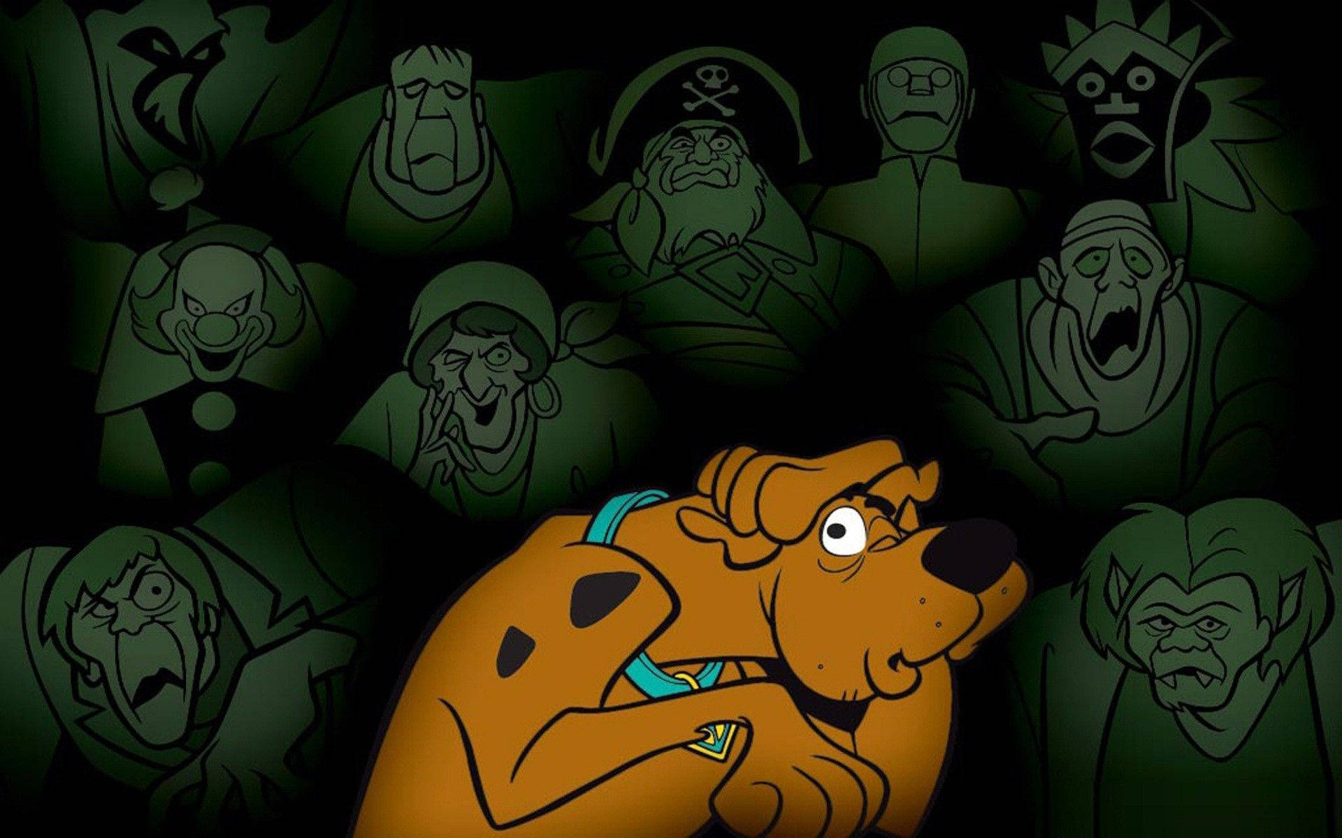 Scooby Doo, ghostly cartoon villains, dark green background, Full HD Desktop Wallpaper