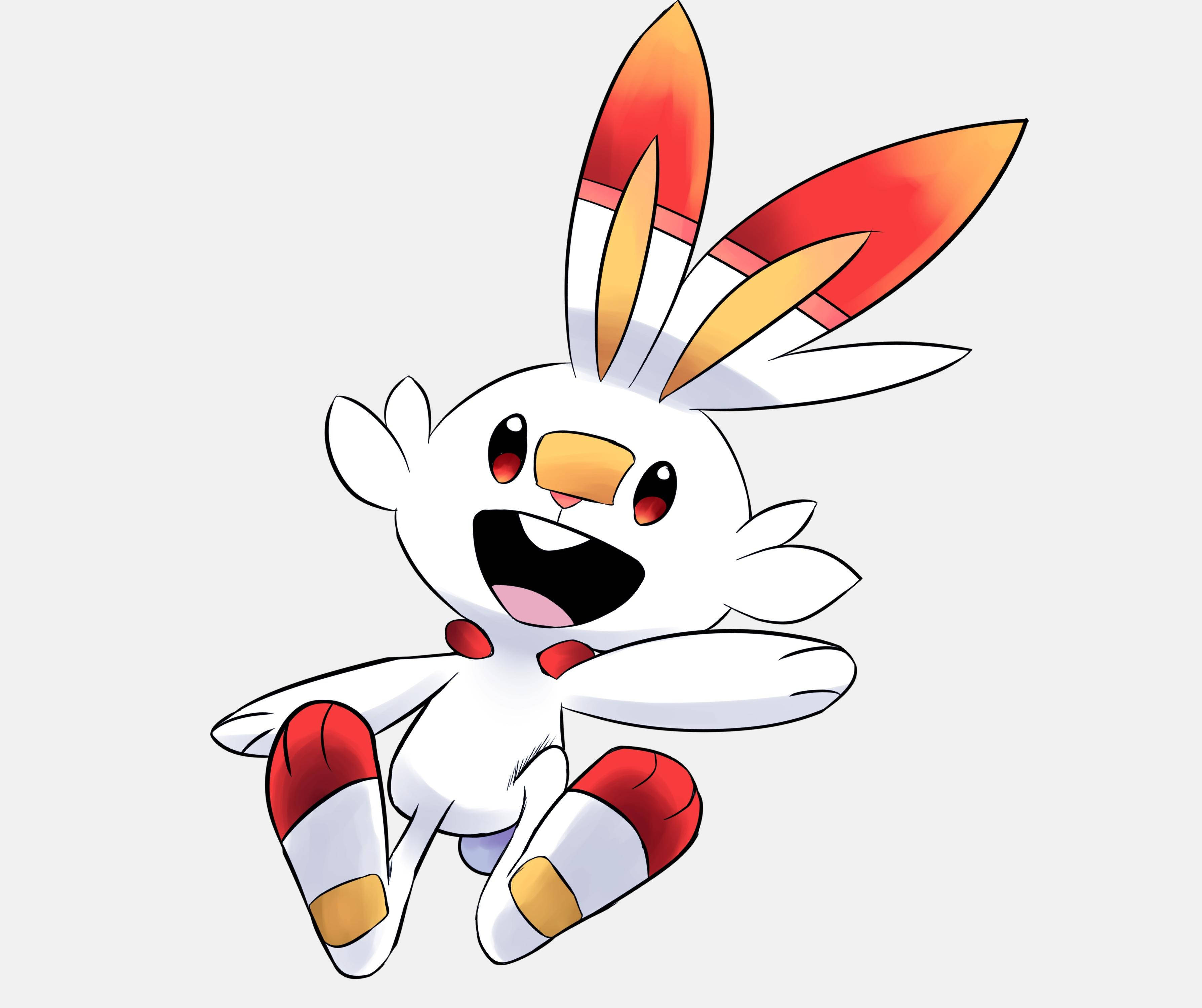 Scorbunny, white rabbit-like Pokémon, fiery orange-red ears, 2K Desktop Wallpaper