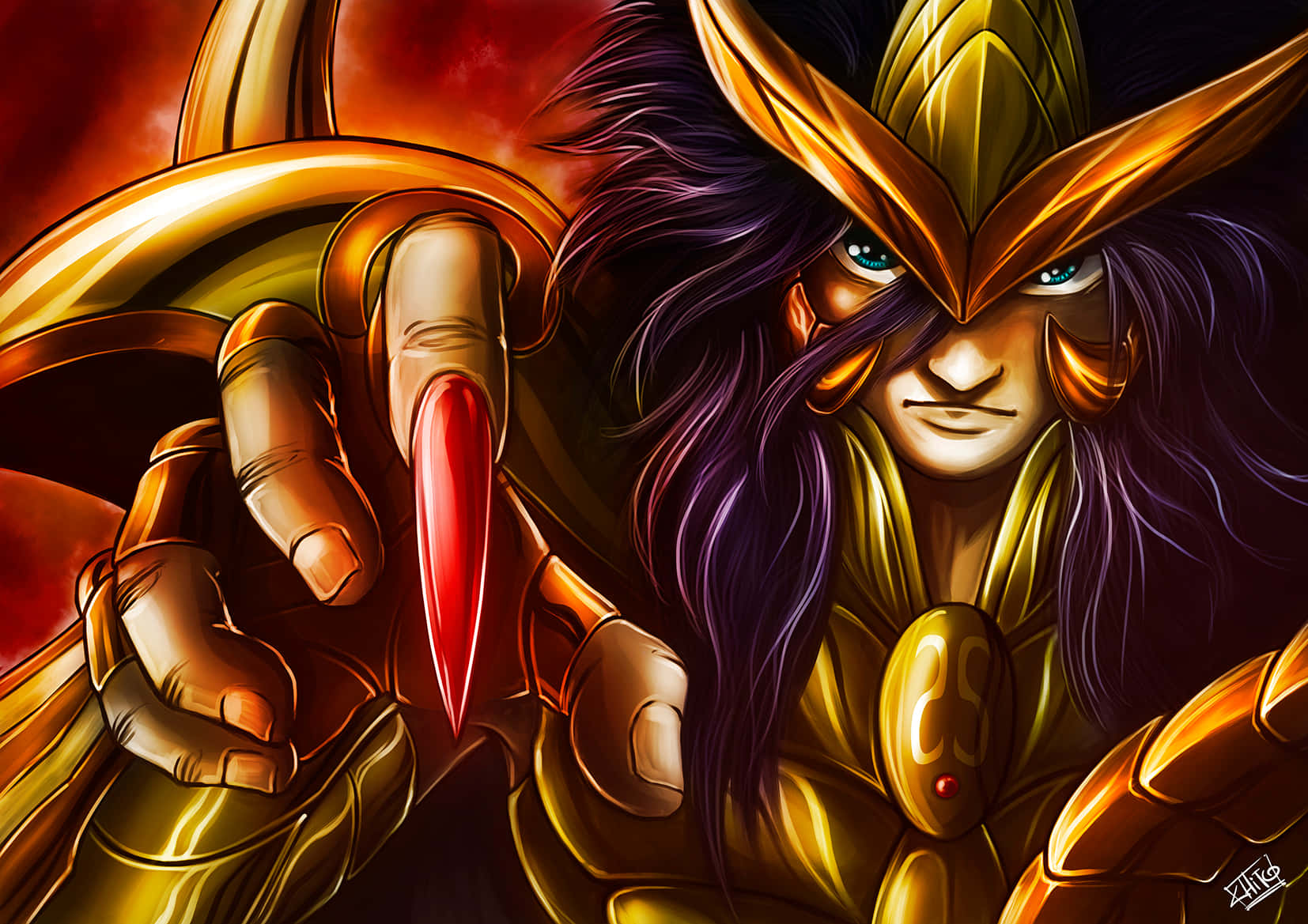 Scorpio Milo, golden armor, long purple hair, HD Desktop Wallpaper